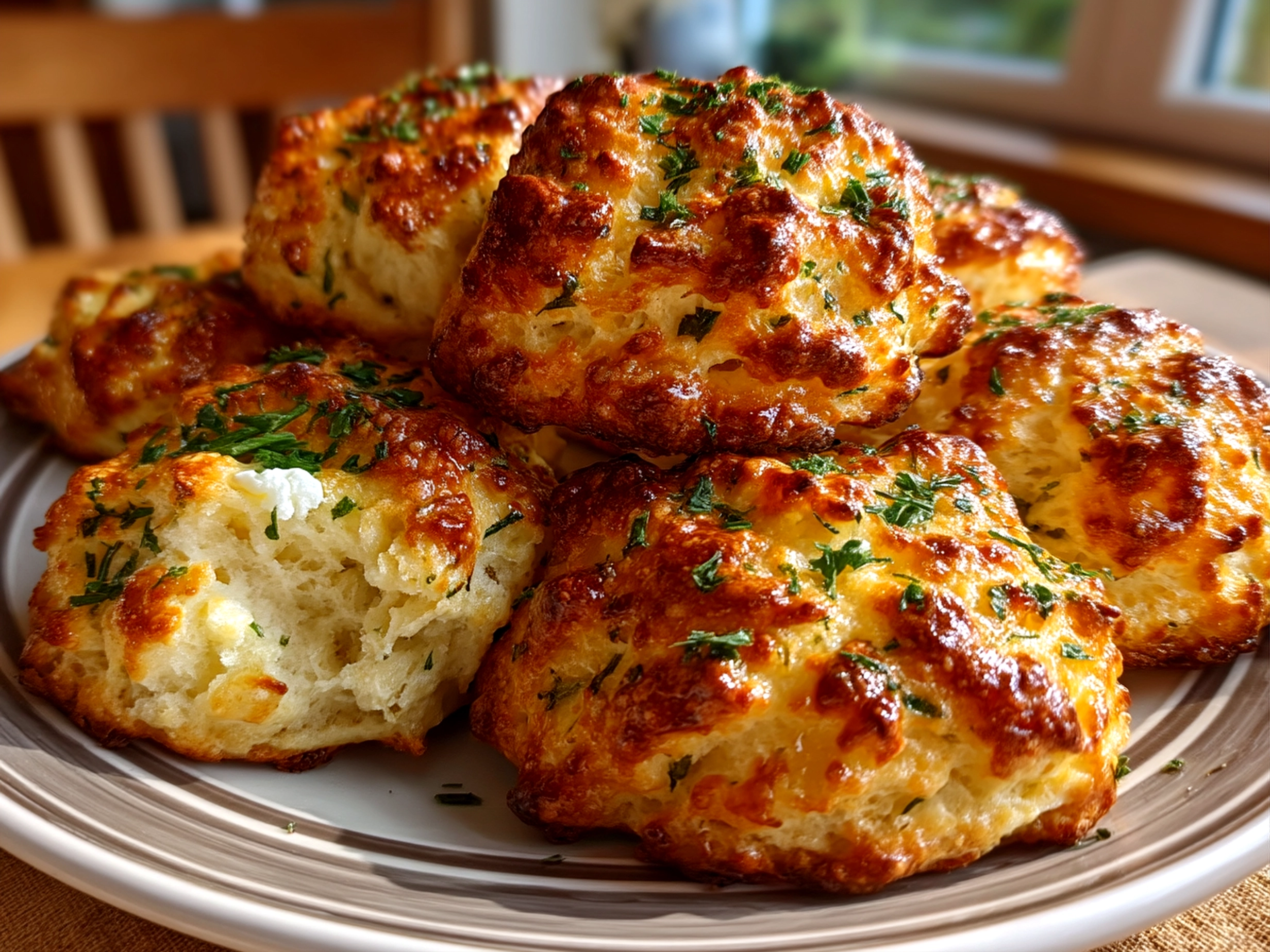 Slight angle close-up of finished delicious Cottage Cheese and Herb Biscuits