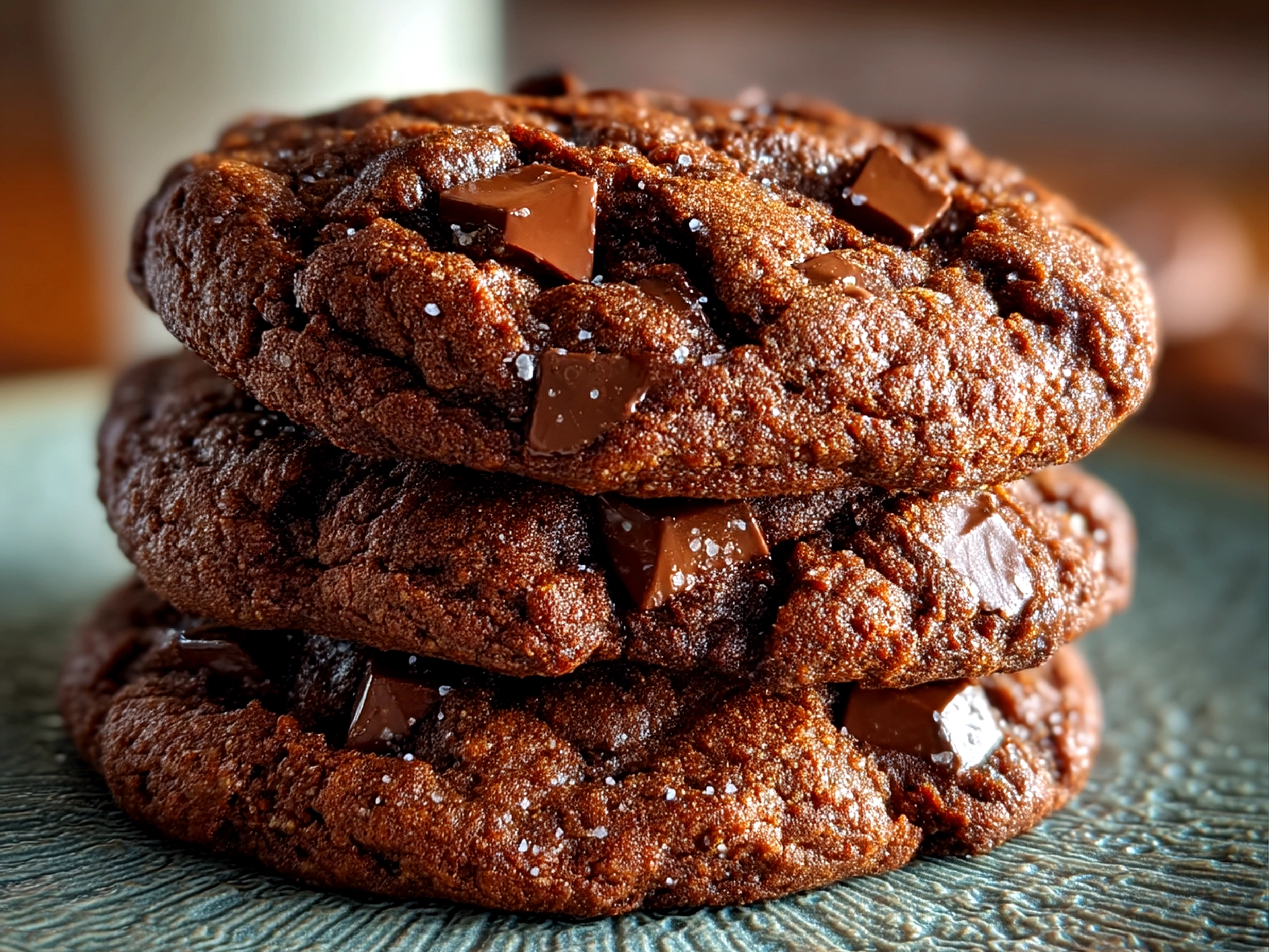 Slight angle close up finished double chocolate chip cookies
