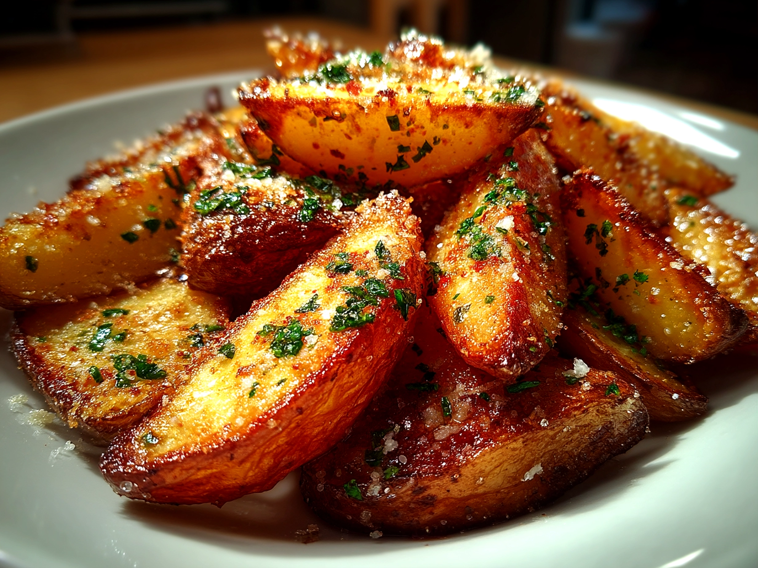 Slight angle close up of finished Garlic Parmesan Potato Wedges fresh from the oven