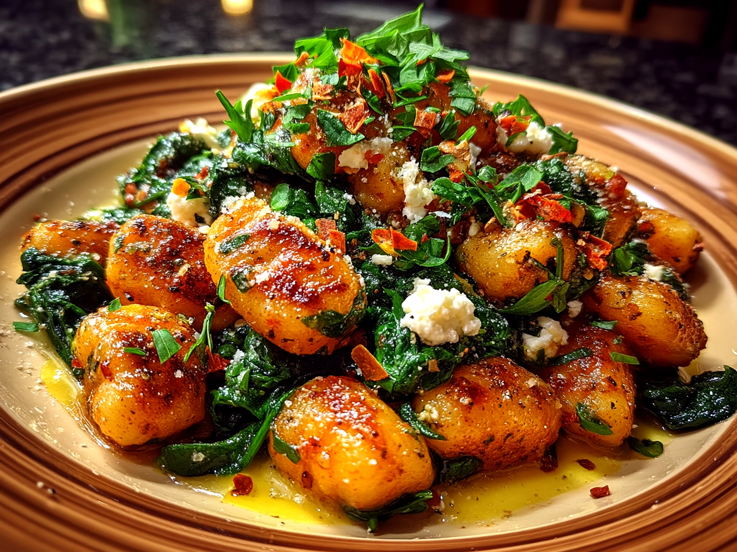Slight angle close-up of finished gnocchi with spinach and feta served warm