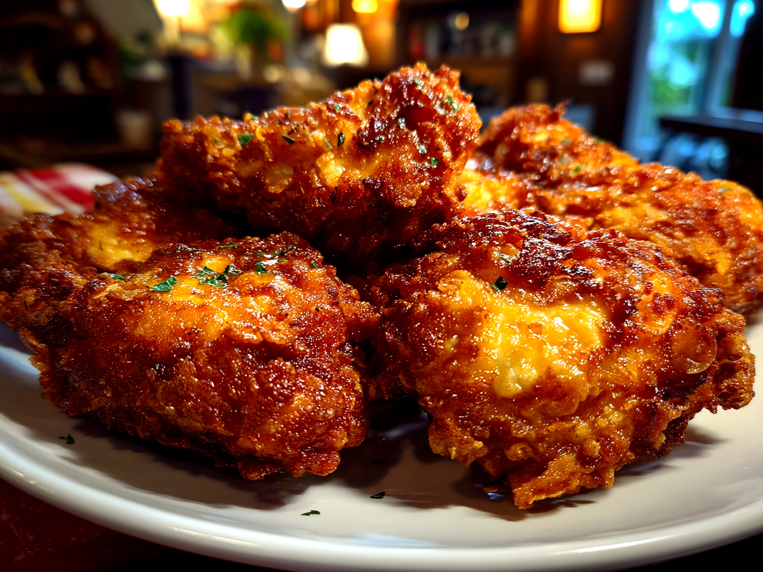 Close-up of finished homemade garlic butter fried chicken served on a plate
