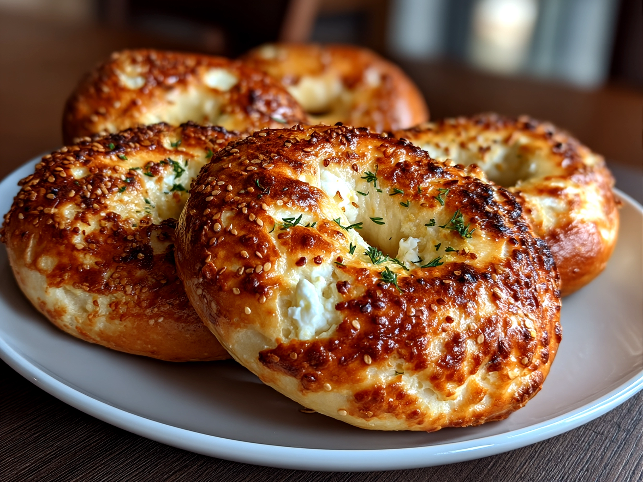 Slight angle close up finished keto cottage cheese bagels