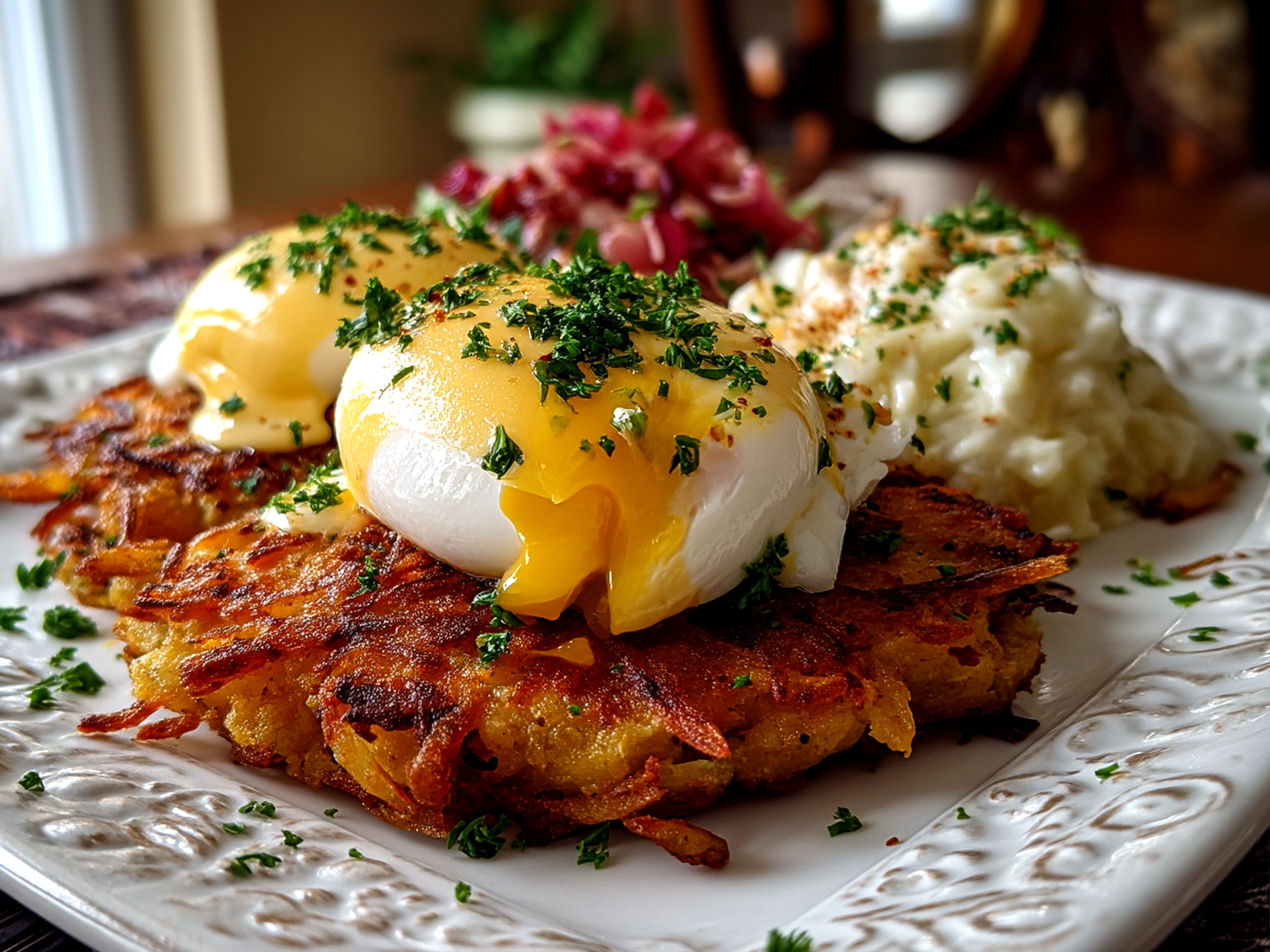 Close-up of finished Latke Eggs Benedict with warm kitchen lighting