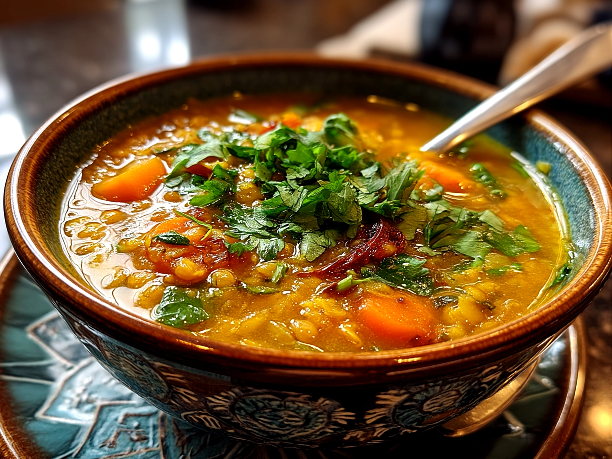 Slight angle close-up of finished lemon lentil soup garnished with fresh herbs