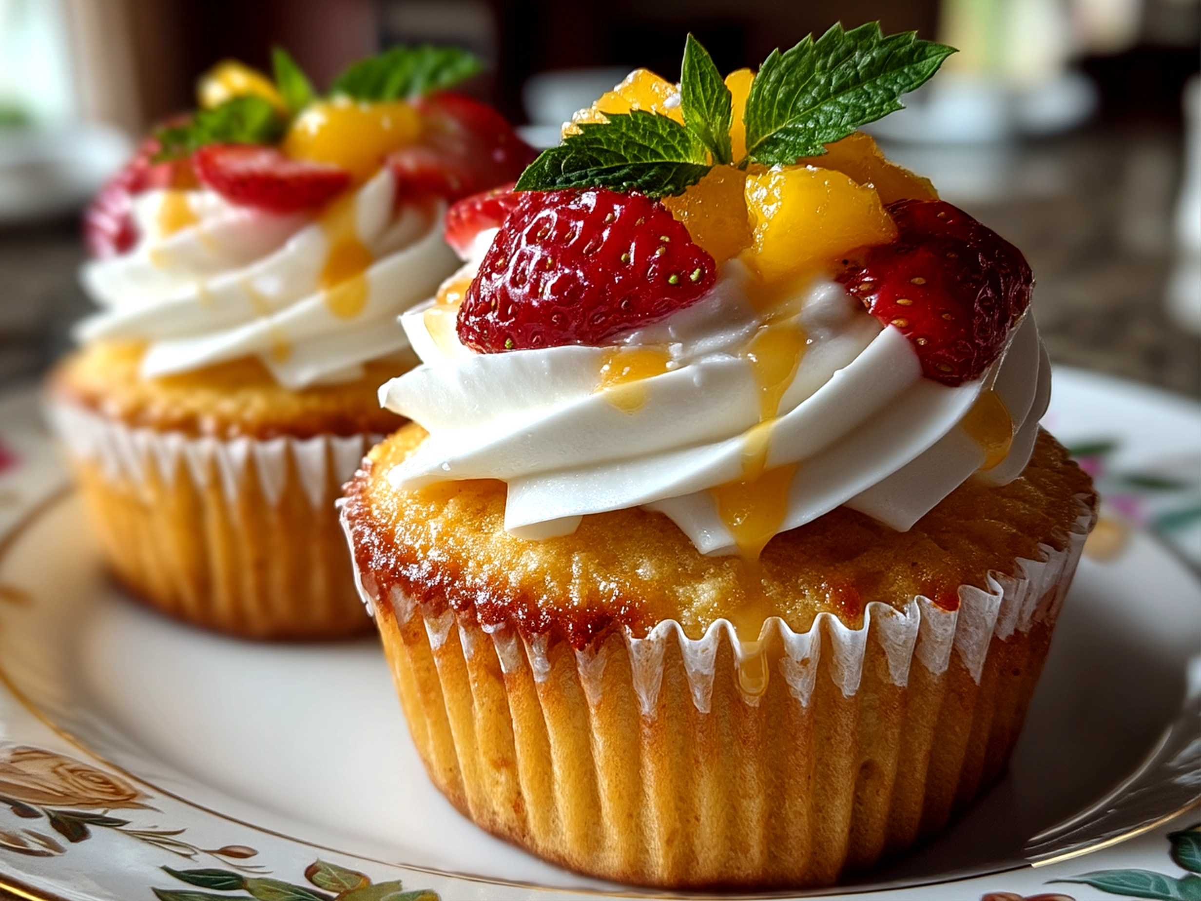 Close-up of finished Mango Strawberry Cupcakes with strawberry frosting and fresh mango