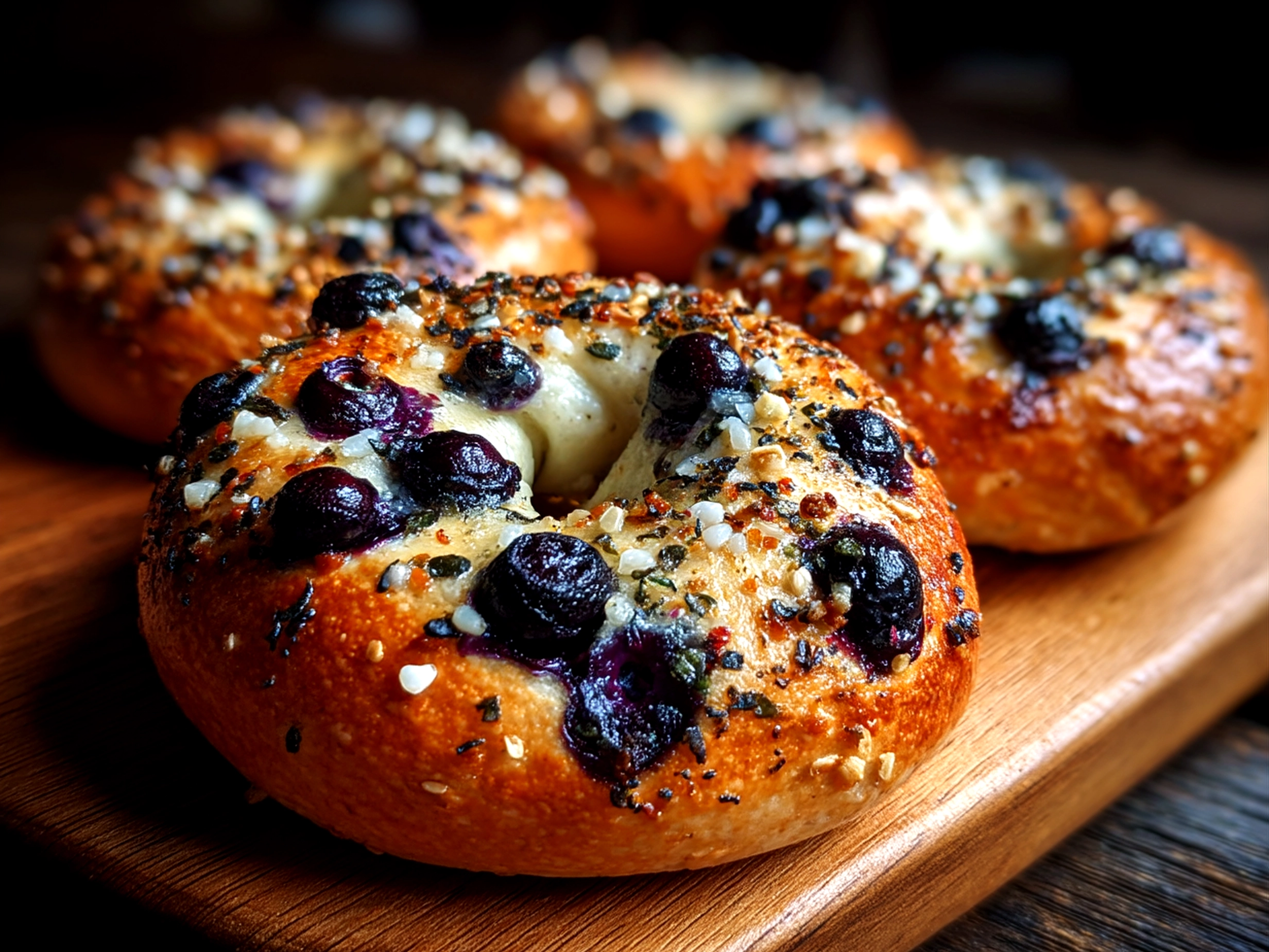 Close-up of finished sourdough blueberry bagels, slightly angled, showing their golden, glossy crust and fresh blueberries