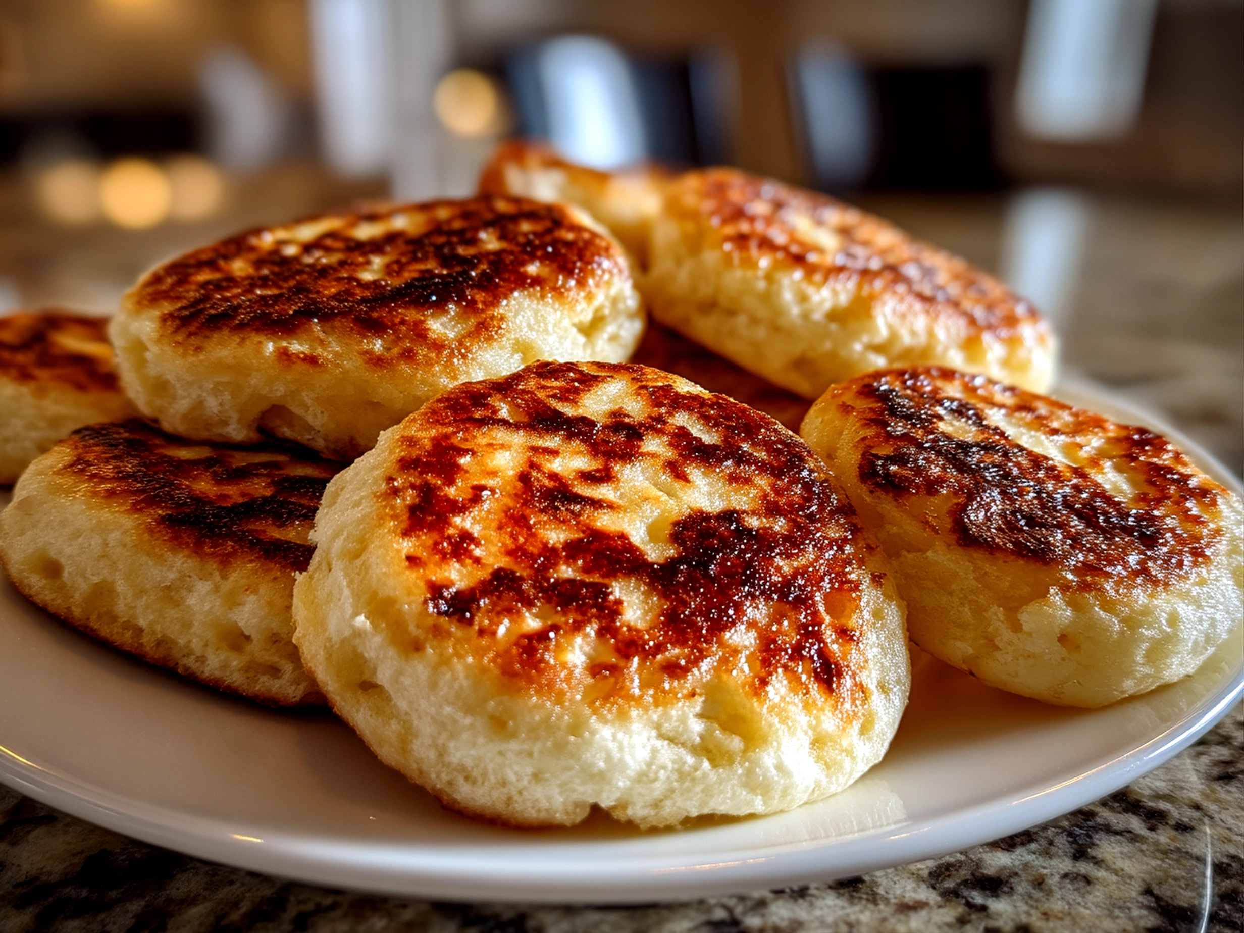Close-up of finished homemade Sourdough Discard English Muffins, golden and toasted