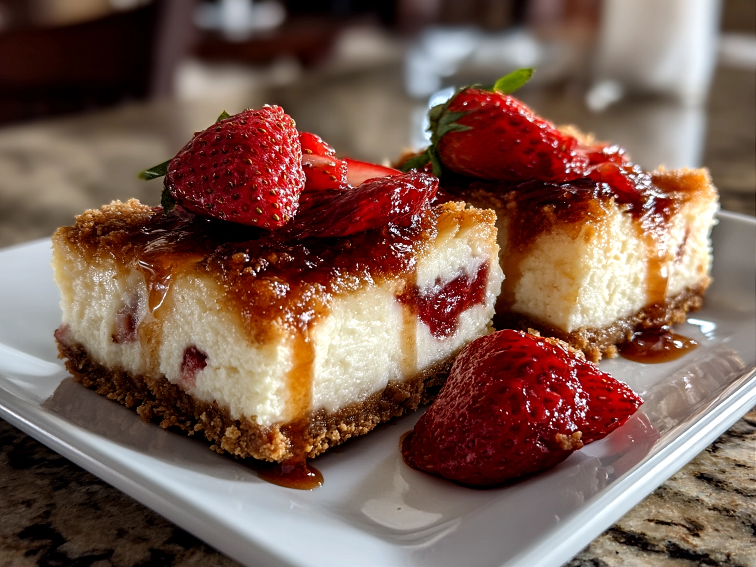 Slight angle close up of finished strawberry cheesecake bars