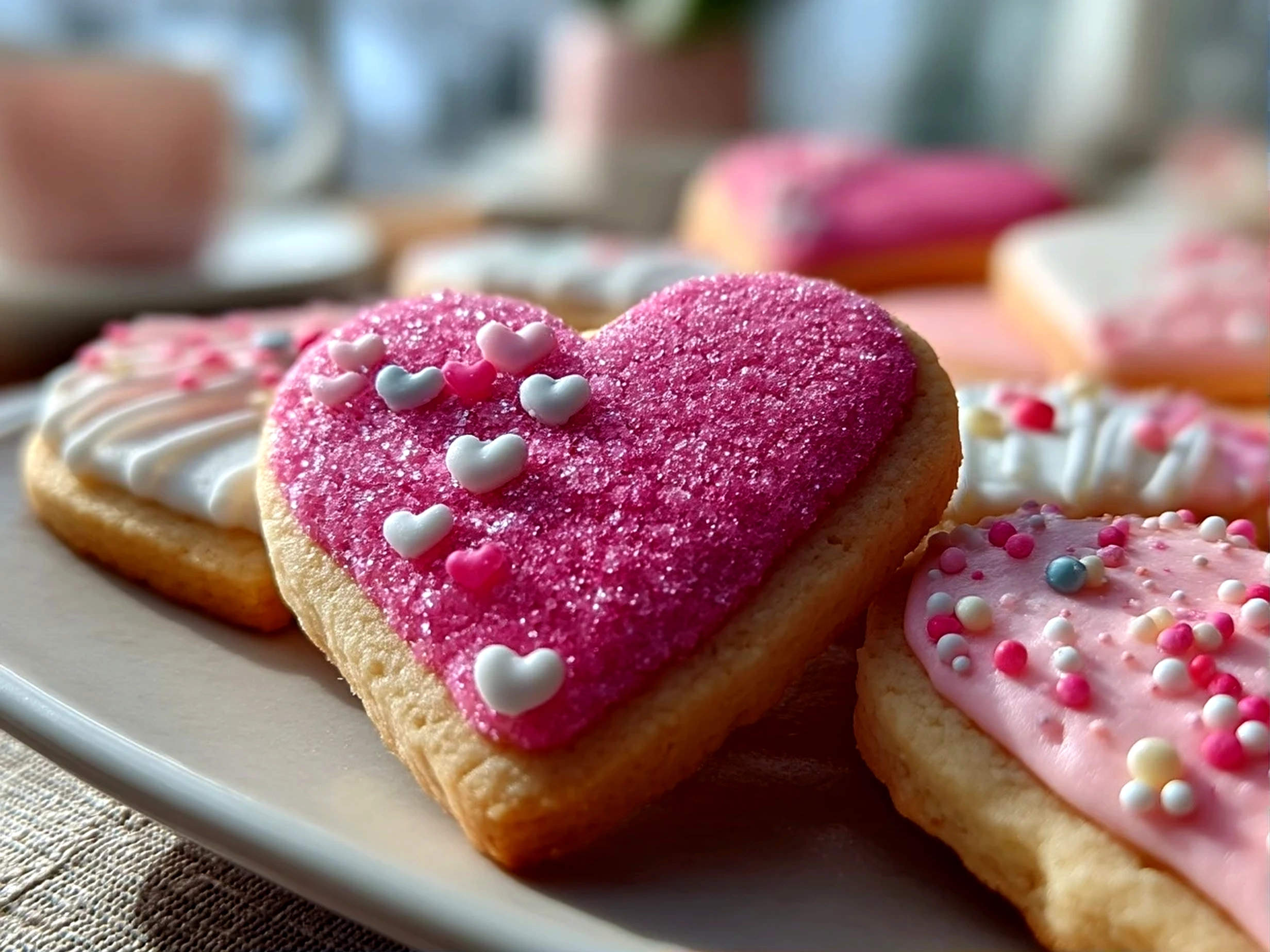 Slight angle close up of finished Valentines Day Sugar Cookies
