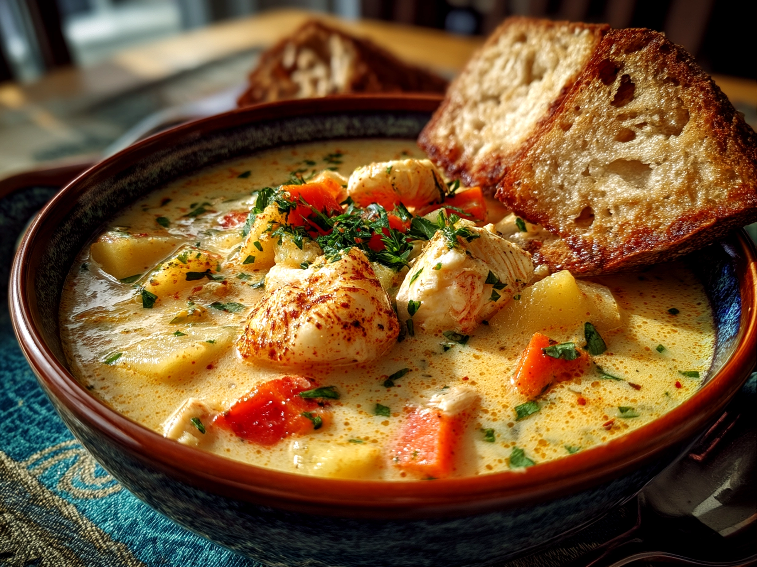 Slight angle close-up of finished beautiful Nova Scotia Seafood Chowder in a bowl