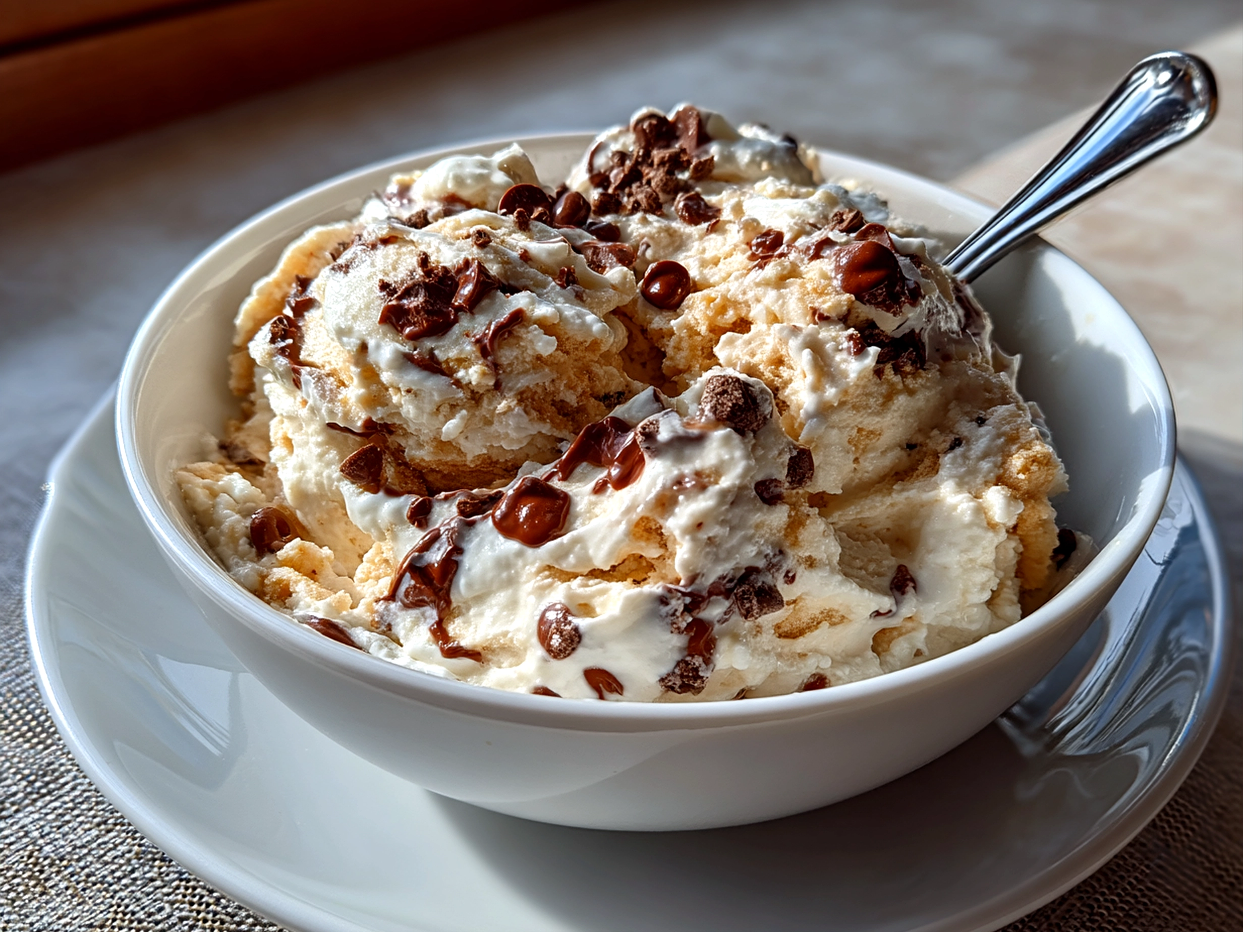 Slight angle close-up of finished Cookie Dough Greek Yogurt with Chocolate Chips served in a bowl