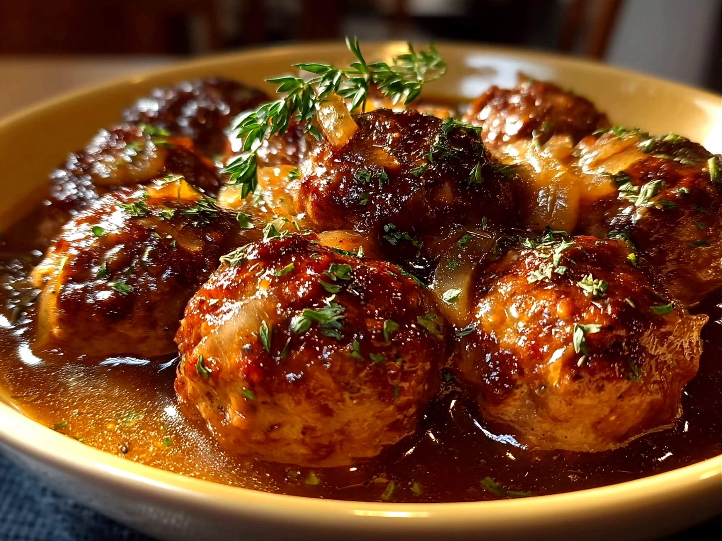Close-up of finished Crock Pot French Onion Meatballs served in slow cooker