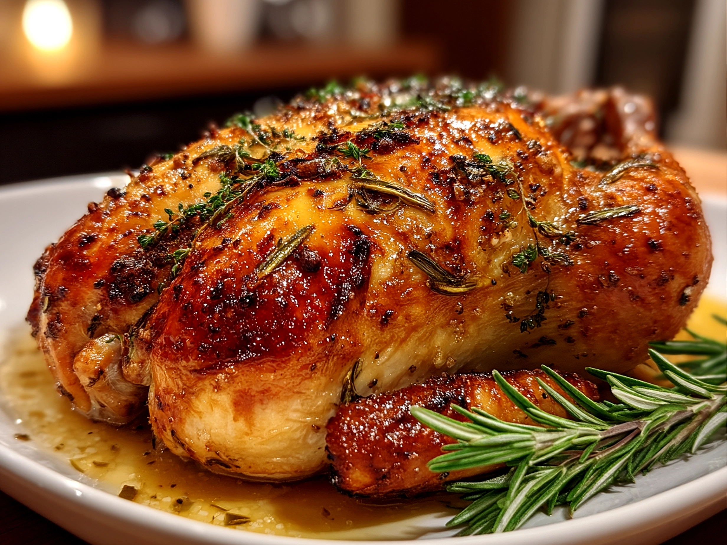 Slight angle close-up of finished orange rosemary roasted chicken
