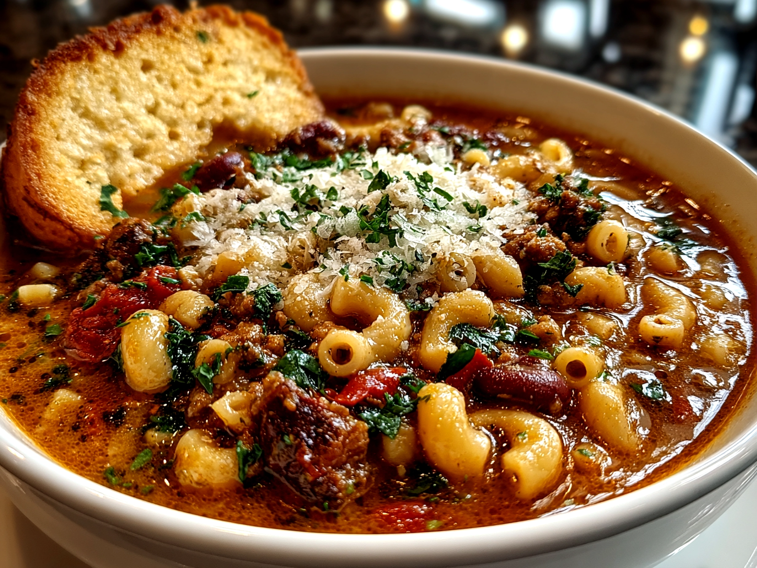 Slow cooker cozy Pasta Fagioli close-up