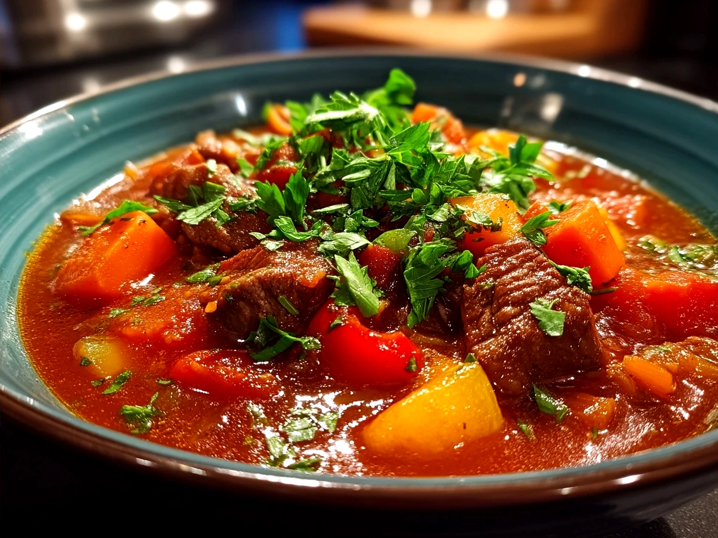 Serving of slow cooker goulash with sour cream and crusty bread