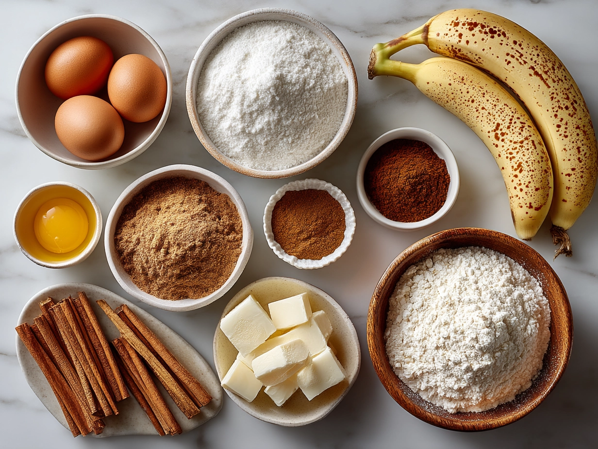 Ingredients for Snickerdoodle Banana Bread including bananas, butter, sugar, cinnamon, and sour cream