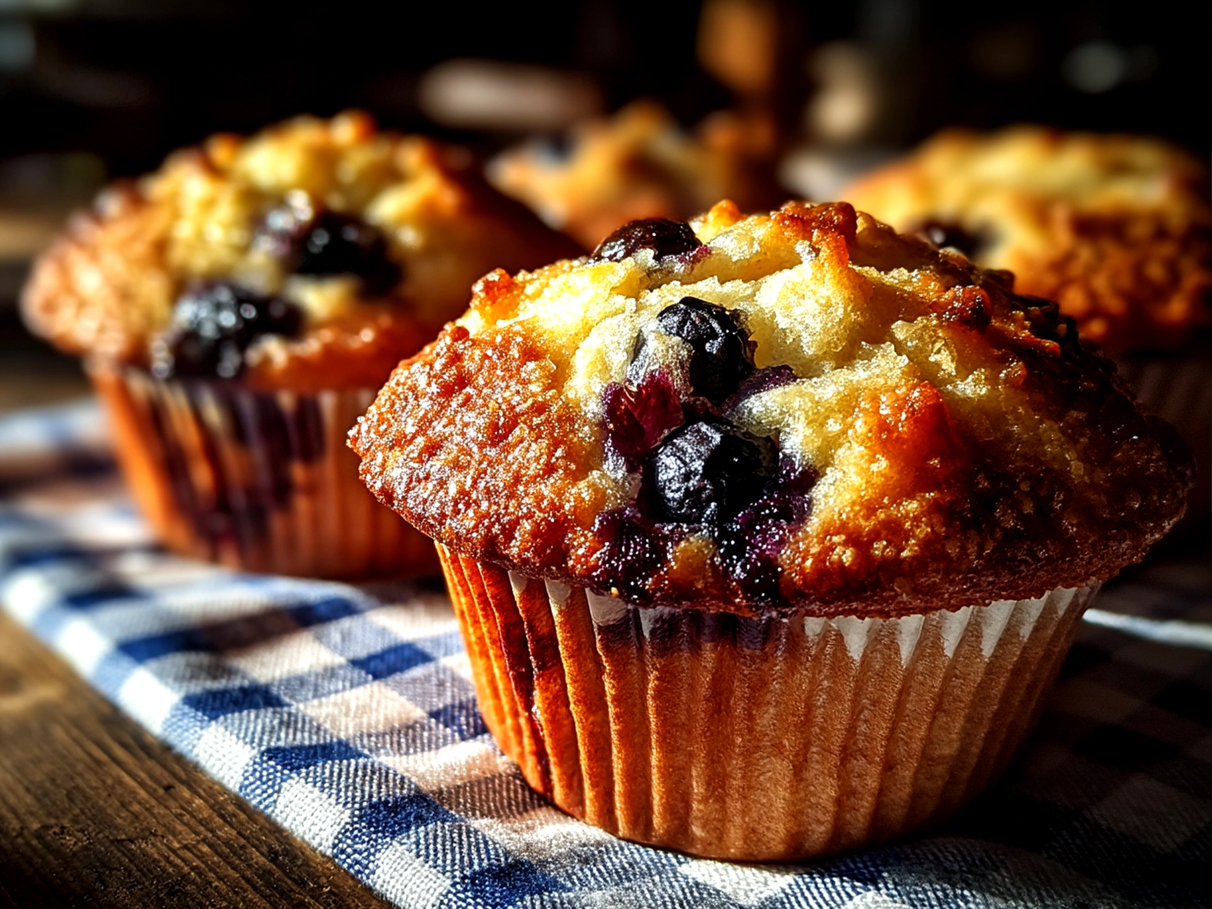 Freshly baked sourdough blueberry muffins beautifully arranged on a plate, ready to serve