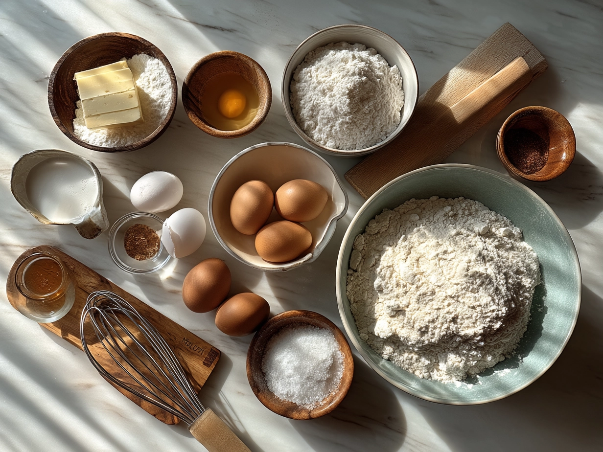 Ingredients for Sourdough Blueberry Muffins including flour, blueberries, sourdough starter, eggs, sugar, butter, milk, and baking soda