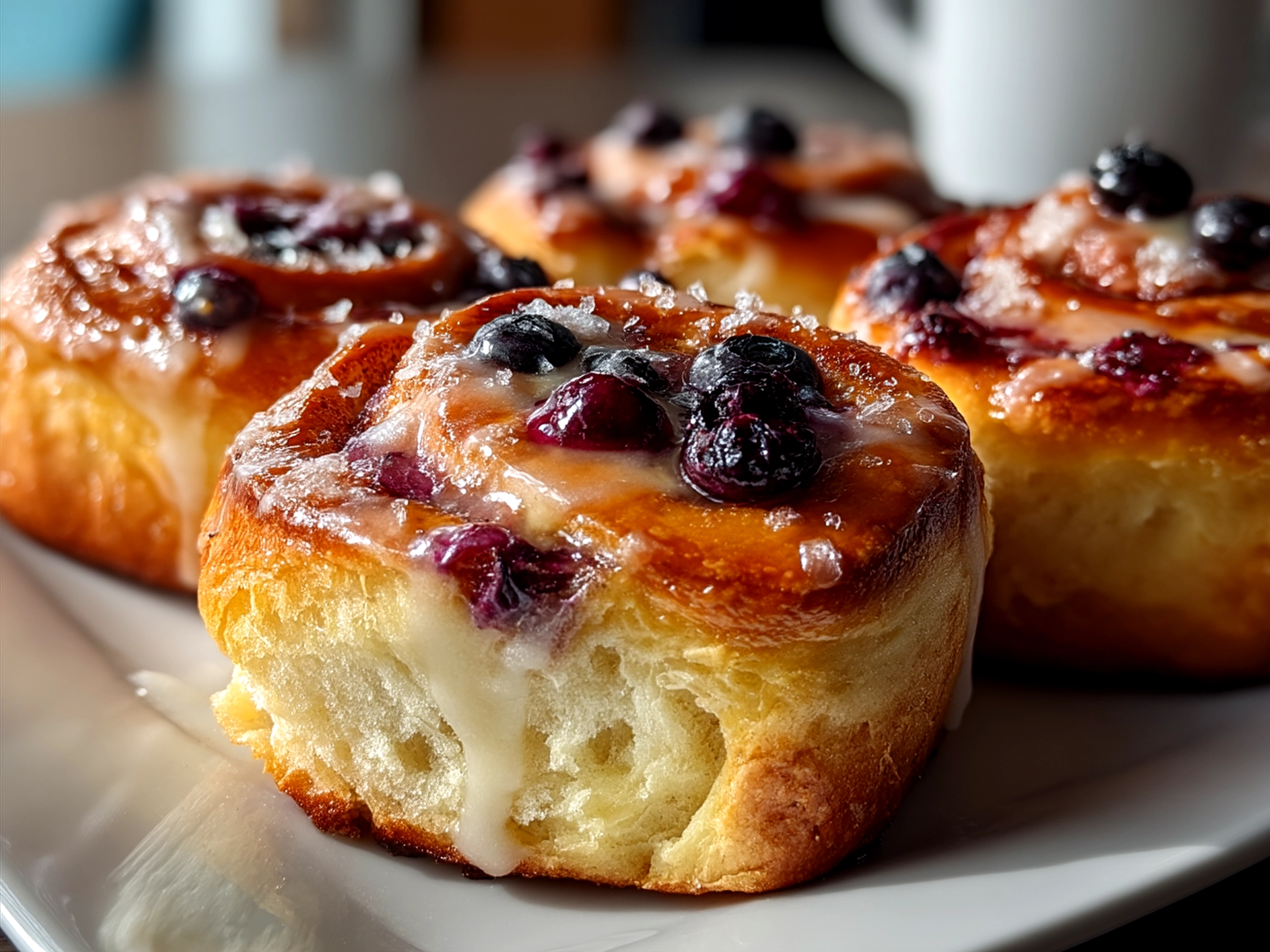 Freshly baked Sourdough Discard Lemon Blueberry Rolls on a plate