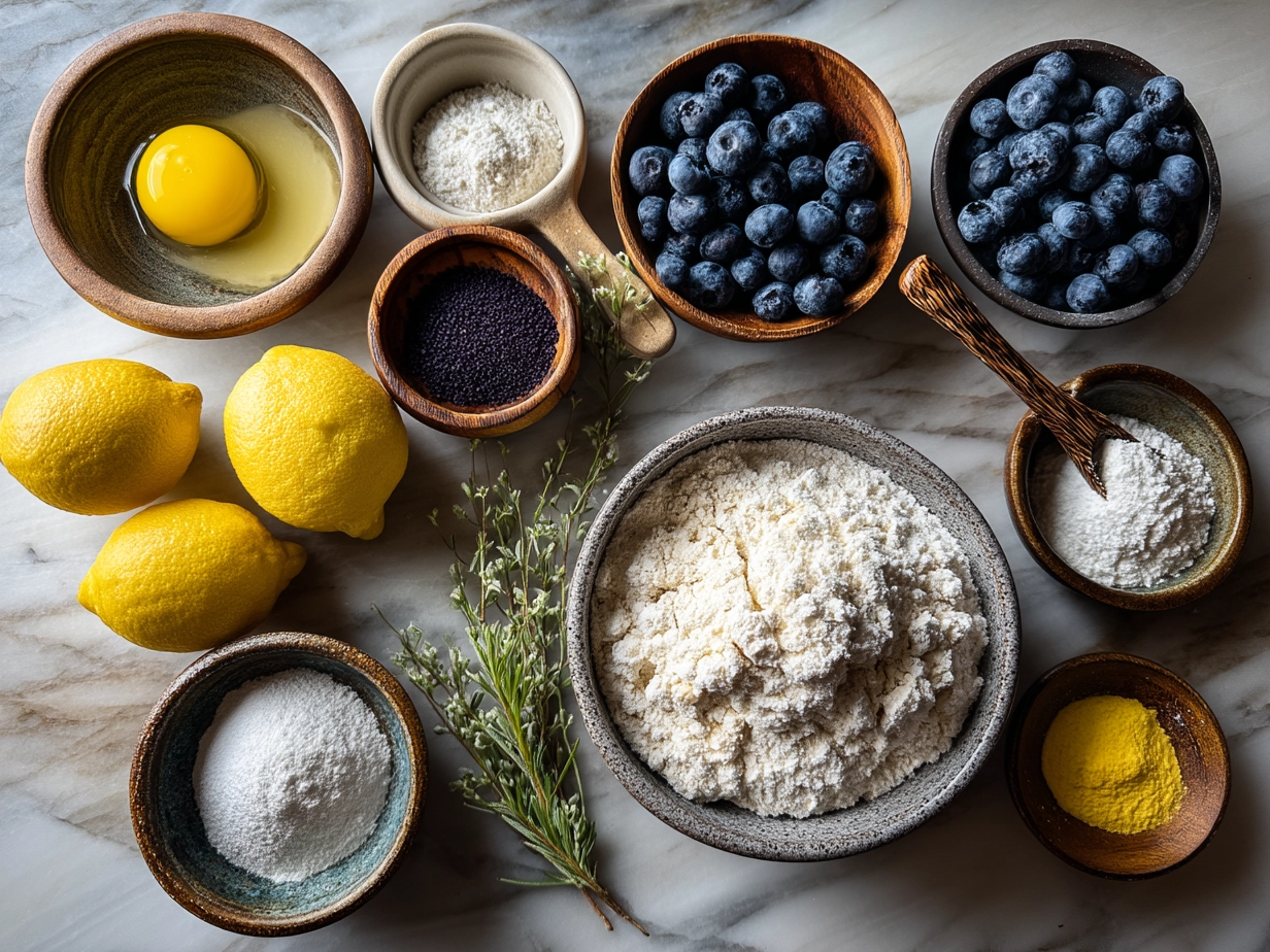 Ingredients for Sourdough Discard Lemon Blueberry Rolls including flour, blueberries, lemon, and sourdough discard