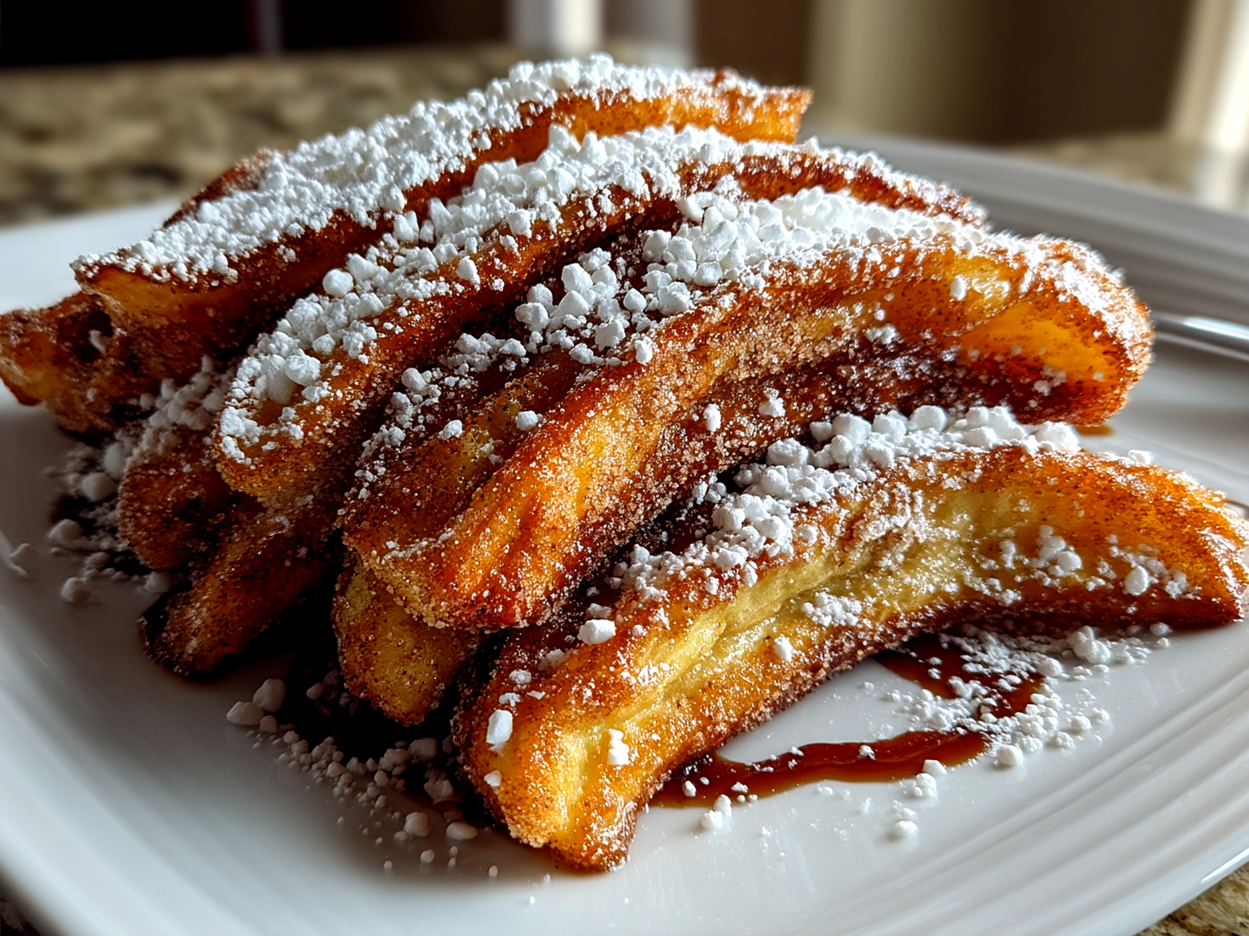 Stack of Spanish Churro-Inspired Pancakes served with maple syrup and fresh fruit