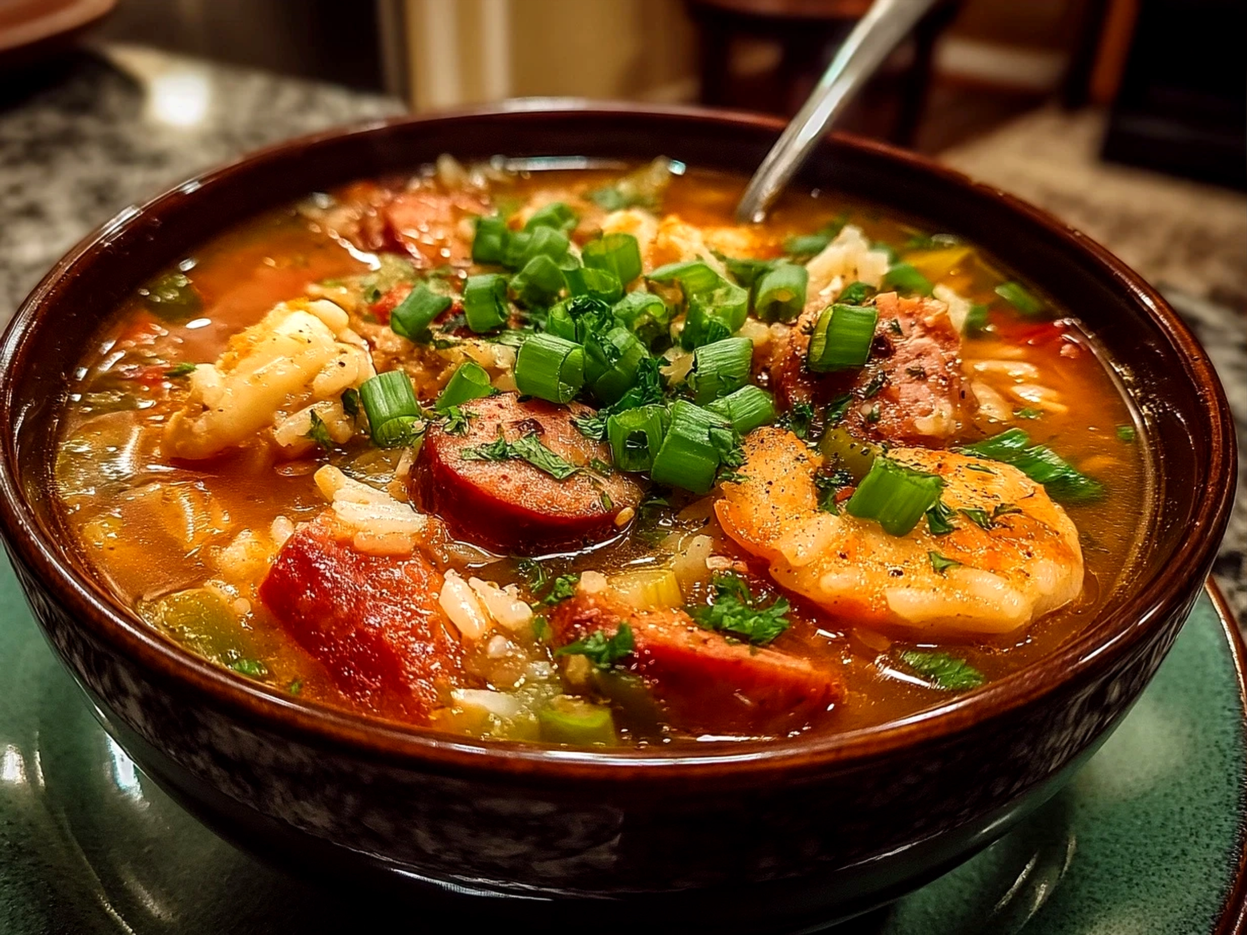 Serving Spicy Jambalaya Soup with Andouille Sausage Chicken garnished