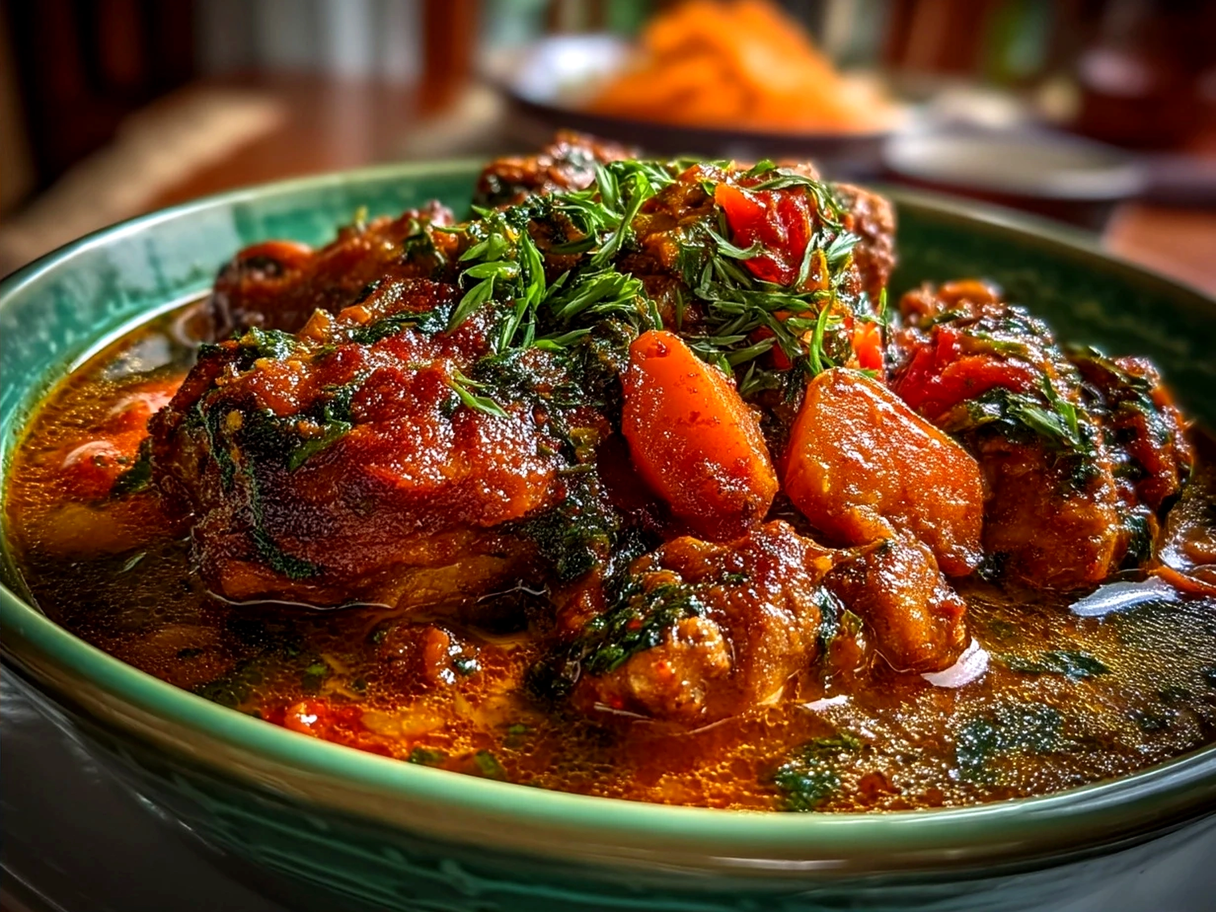 Spicy Nigerian Chicken Stew served in a bowl with fluffy white rice