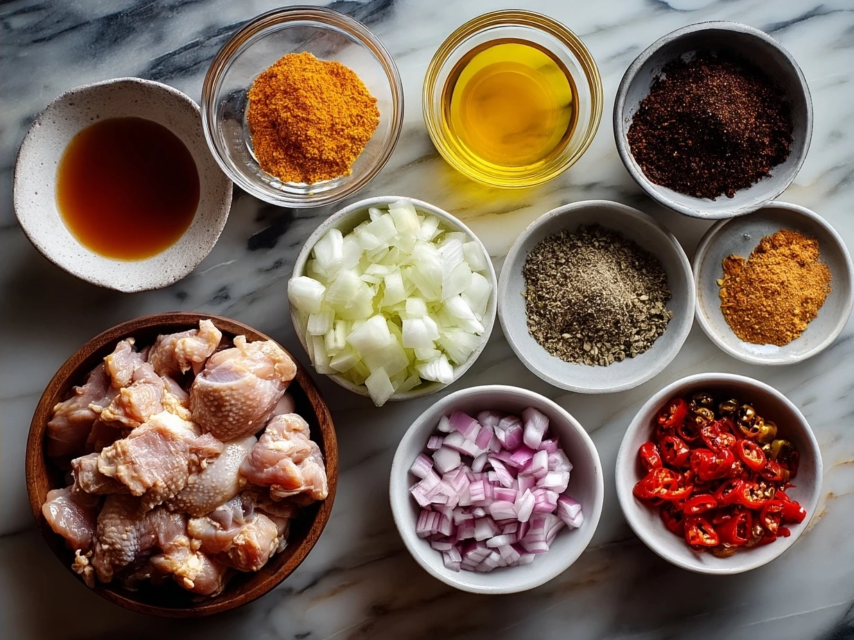Ingredients for Spicy Nigerian Chicken Stew including peppers, tomato paste, chicken, onions, and spices