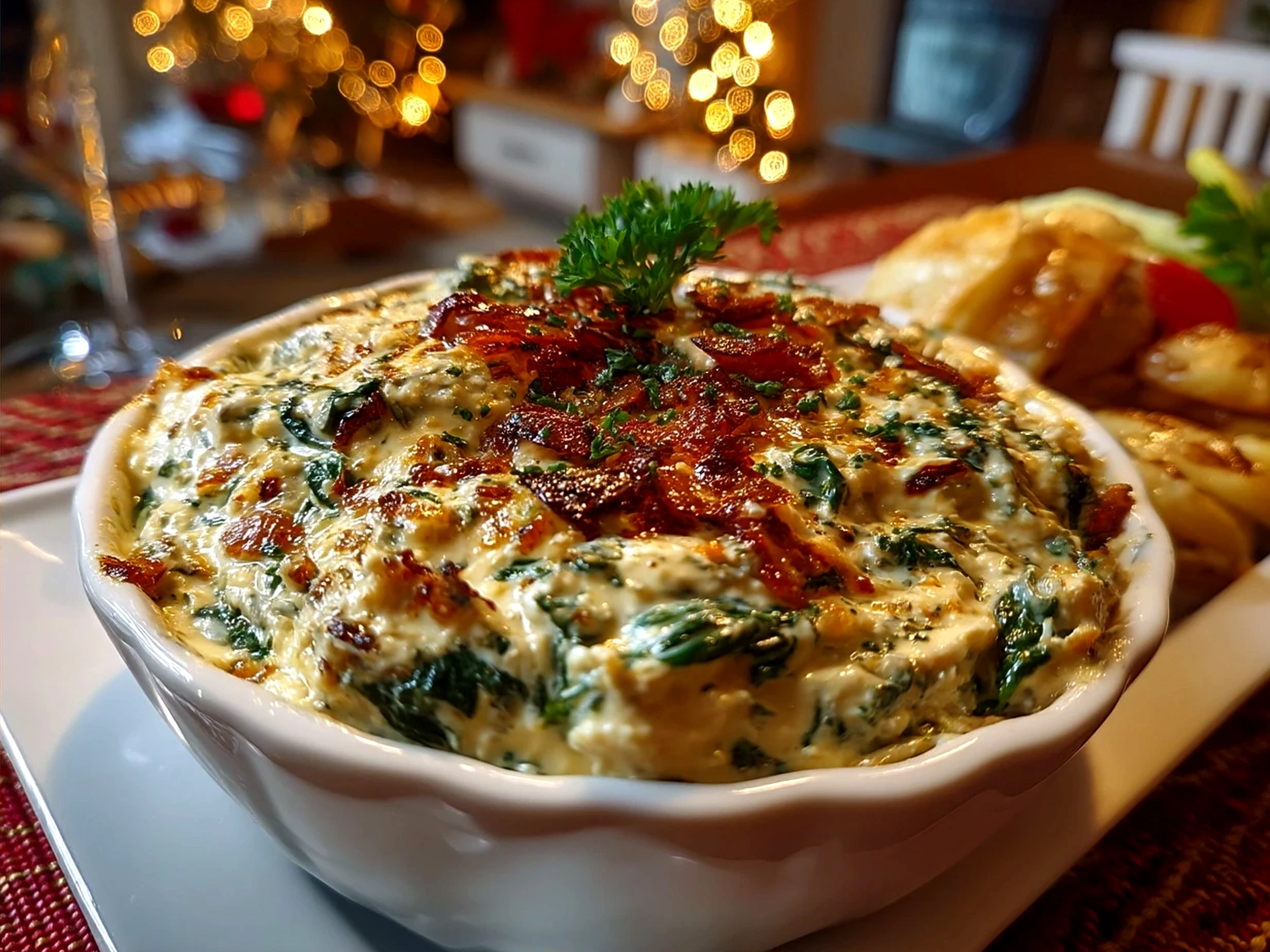 Finished Spinach Dip Christmas Tree decorated with colorful vegetables
