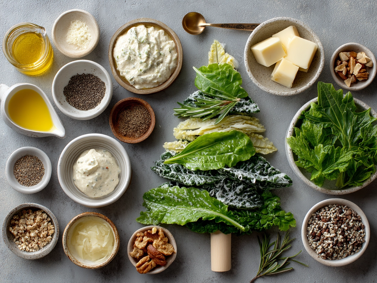 Ingredients for Spinach Dip Christmas Tree including spinach, cheeses, broccoli, tomatoes and peppers