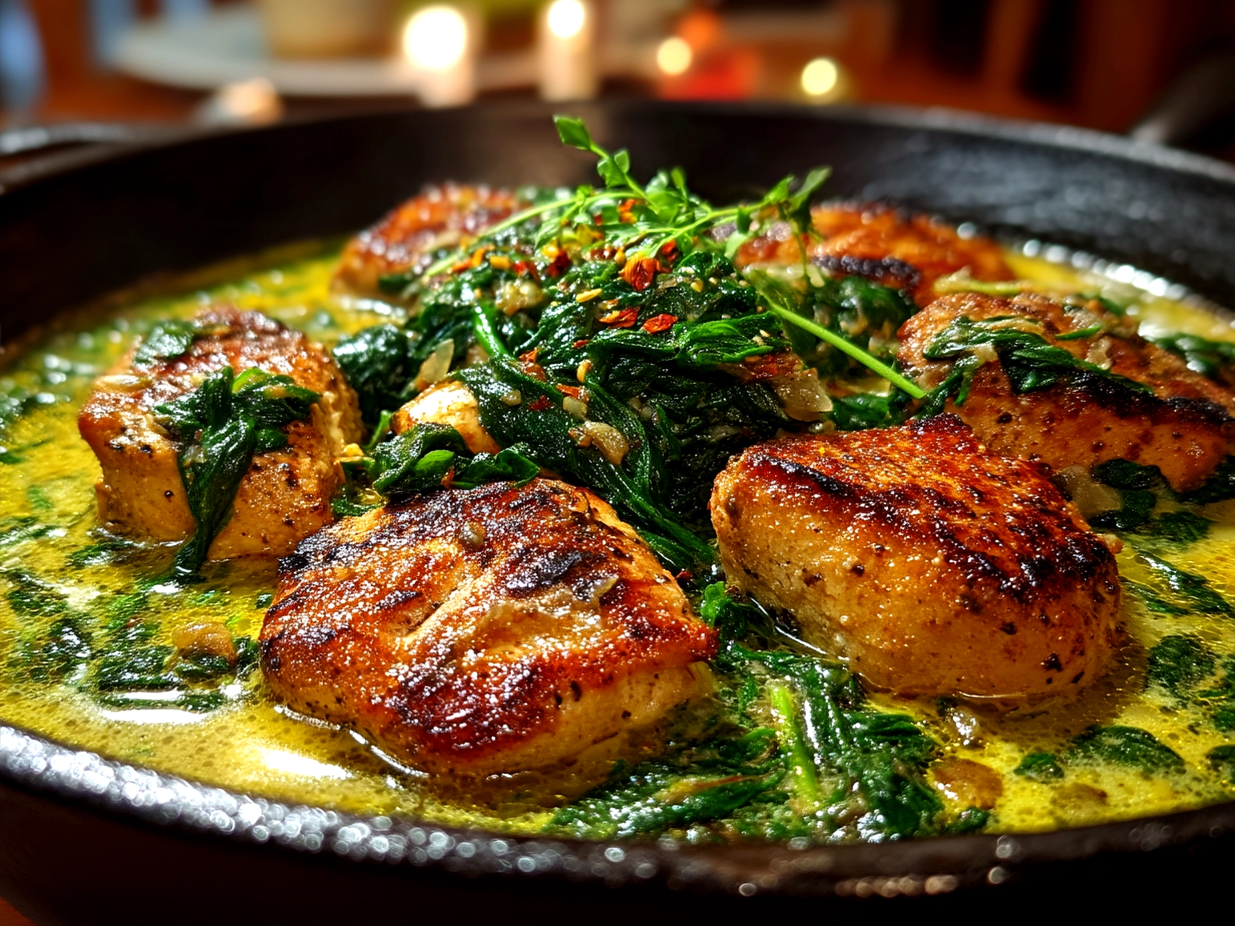 Serving suggestion of Spinach Garlic Chicken plated with sides