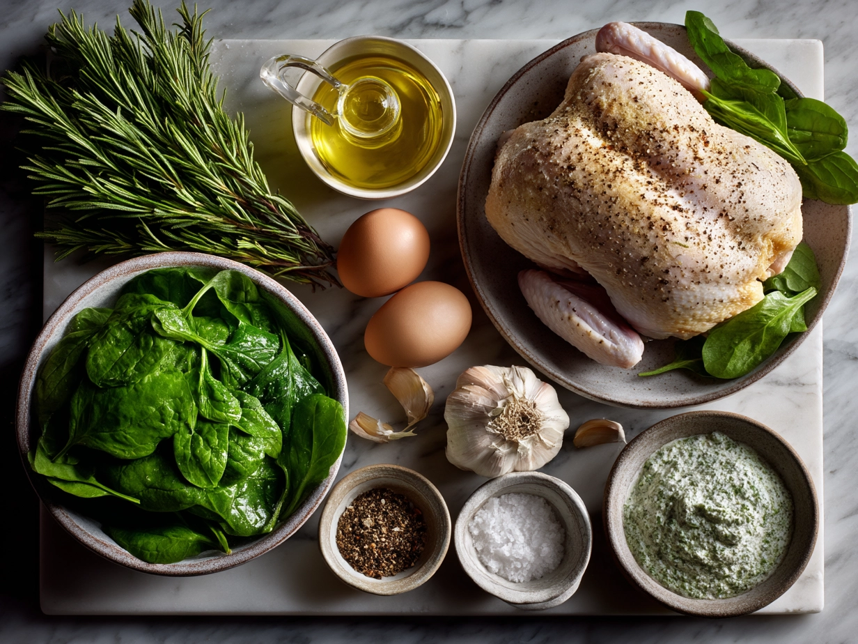 Ingredients for Spinach Garlic Chicken laid out in bowls including chicken breasts, fresh spinach, garlic, cream, and spices