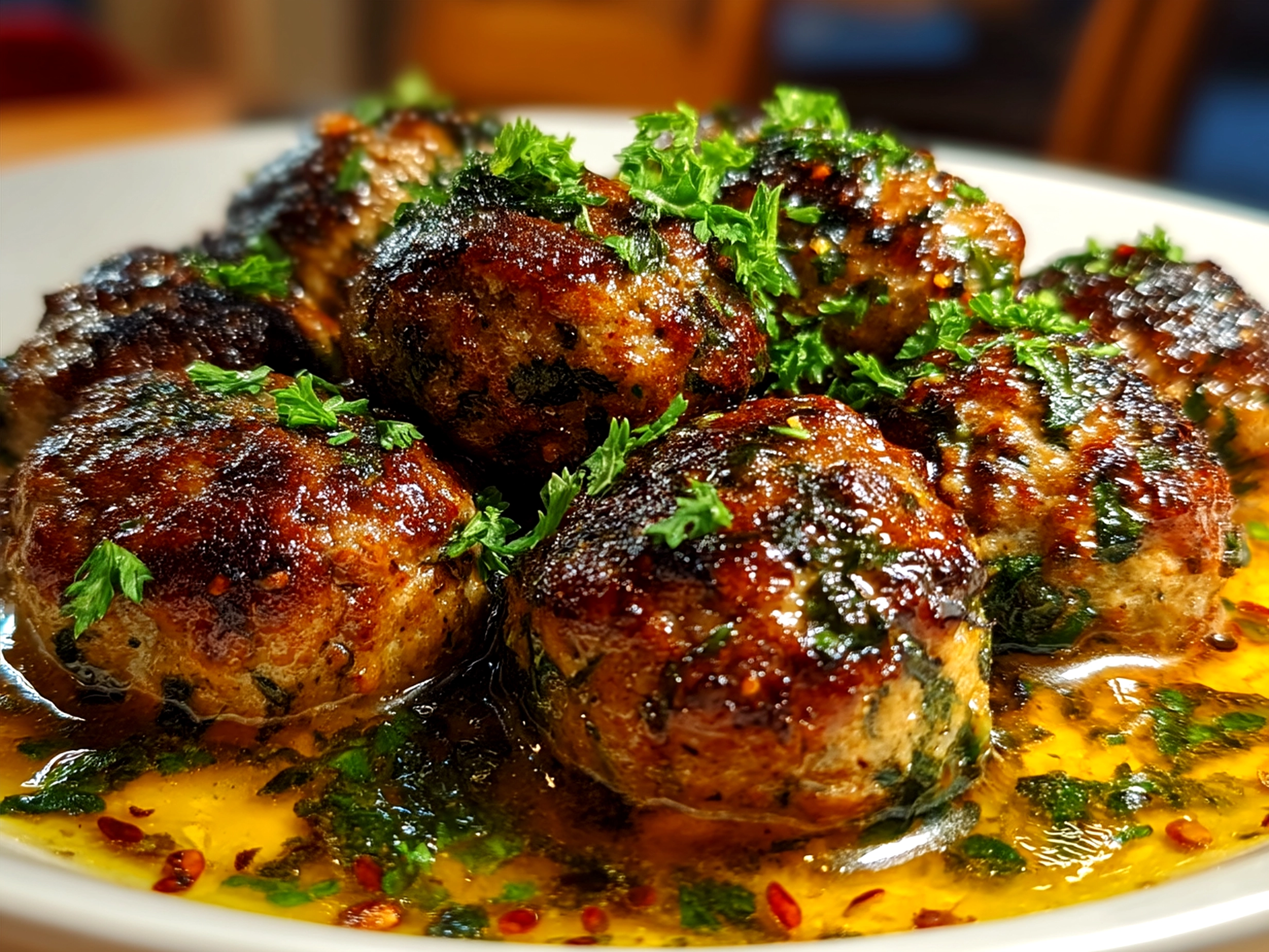 Serving platter with cooked Spinach Garlic Meatballs garnished with parsley