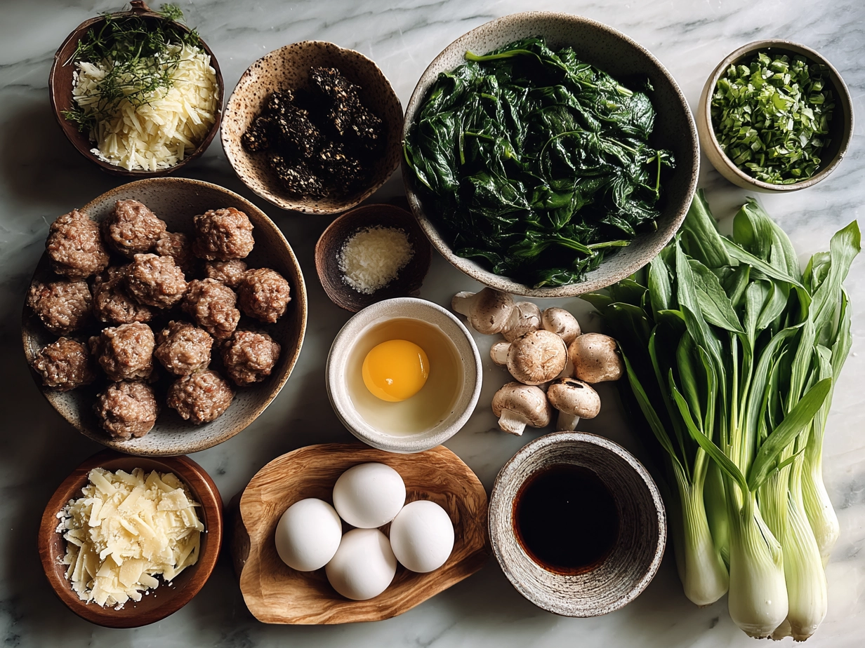Ingredients laid out for Spinach Garlic Meatballs including ground meat, spinach, garlic, Parmesan, breadcrumbs, and eggs