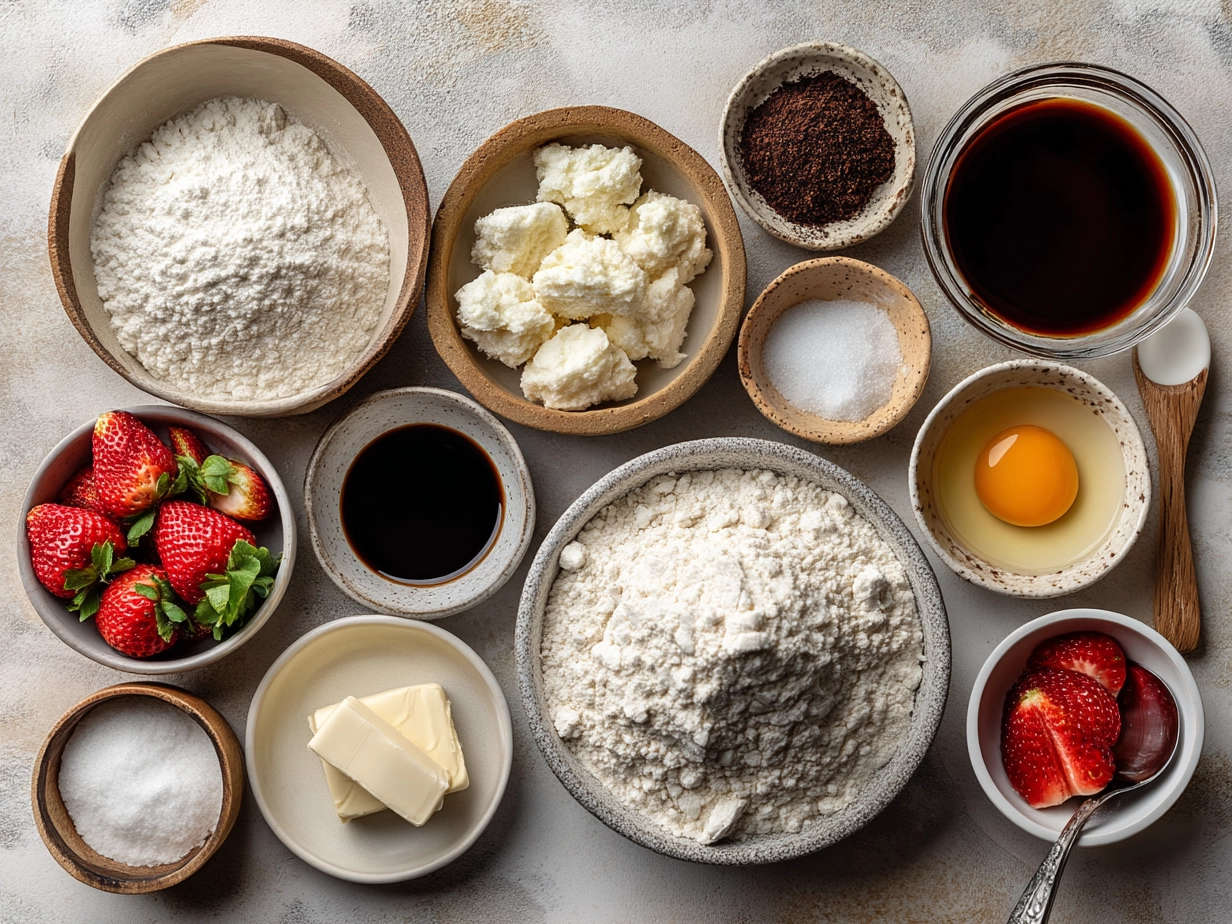 Ingredients for Strawberry Cake Mix Cookies showing strawberry cake mix and other baking supplies