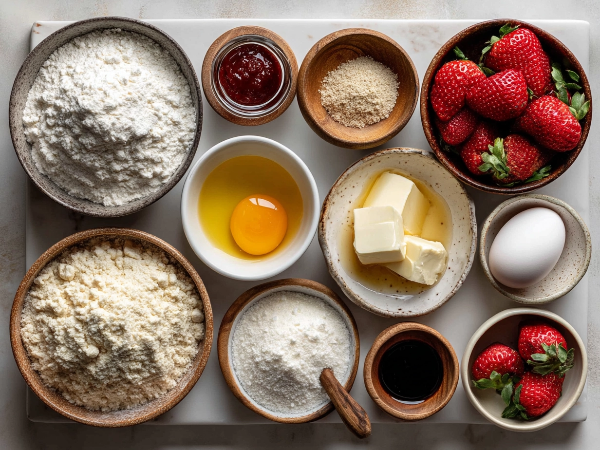 Ingredients for Strawberry Cheesecake Cookies laid out on a kitchen counter