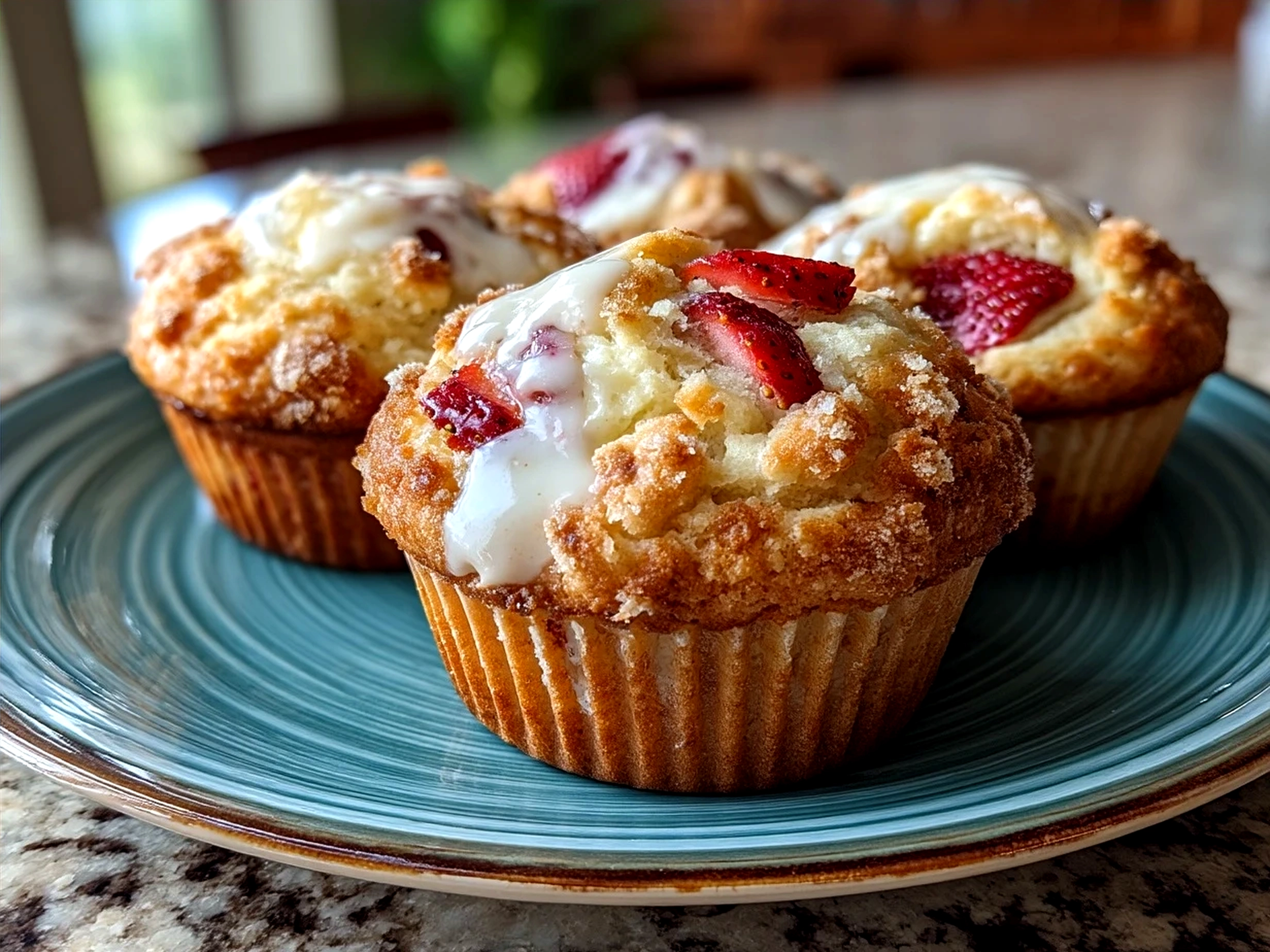 Freshly baked Strawberry Greek Yogurt Muffins perfect for breakfast or brunch