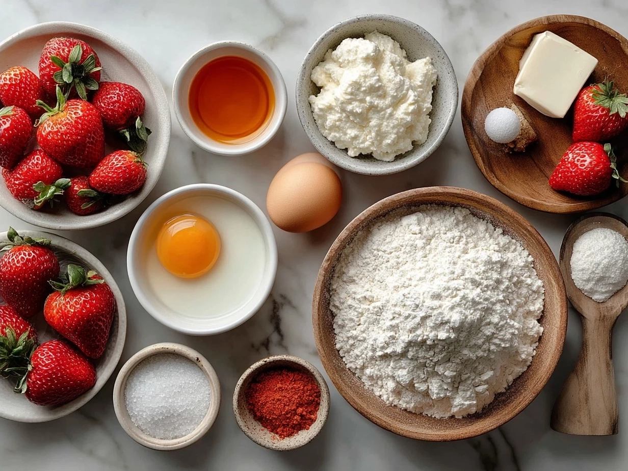 Ingredients for Strawberry Greek Yogurt Muffins including flour, baking powder, sugar, egg, Greek yogurt, milk, vanilla, and fresh strawberries