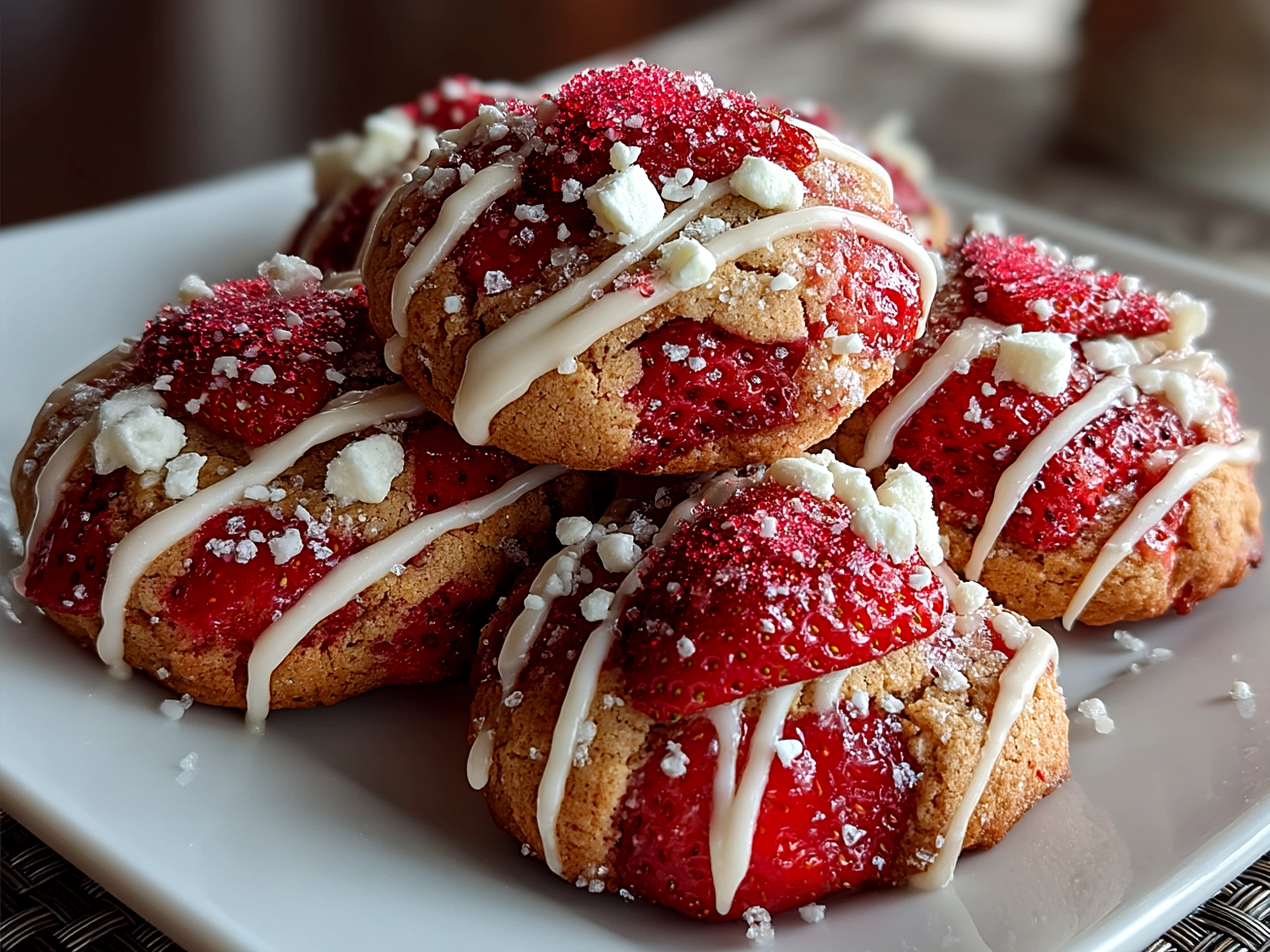Freshly baked Strawberry Kiss Cookies on a festive serving plate dusted with powdered sugar