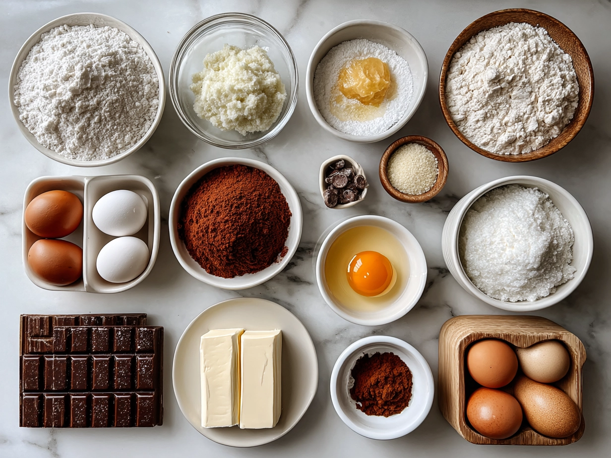 Ingredients for making soft and tender Strawberry Kiss Cookies including flour, butter, sugar, egg and strawberry jam