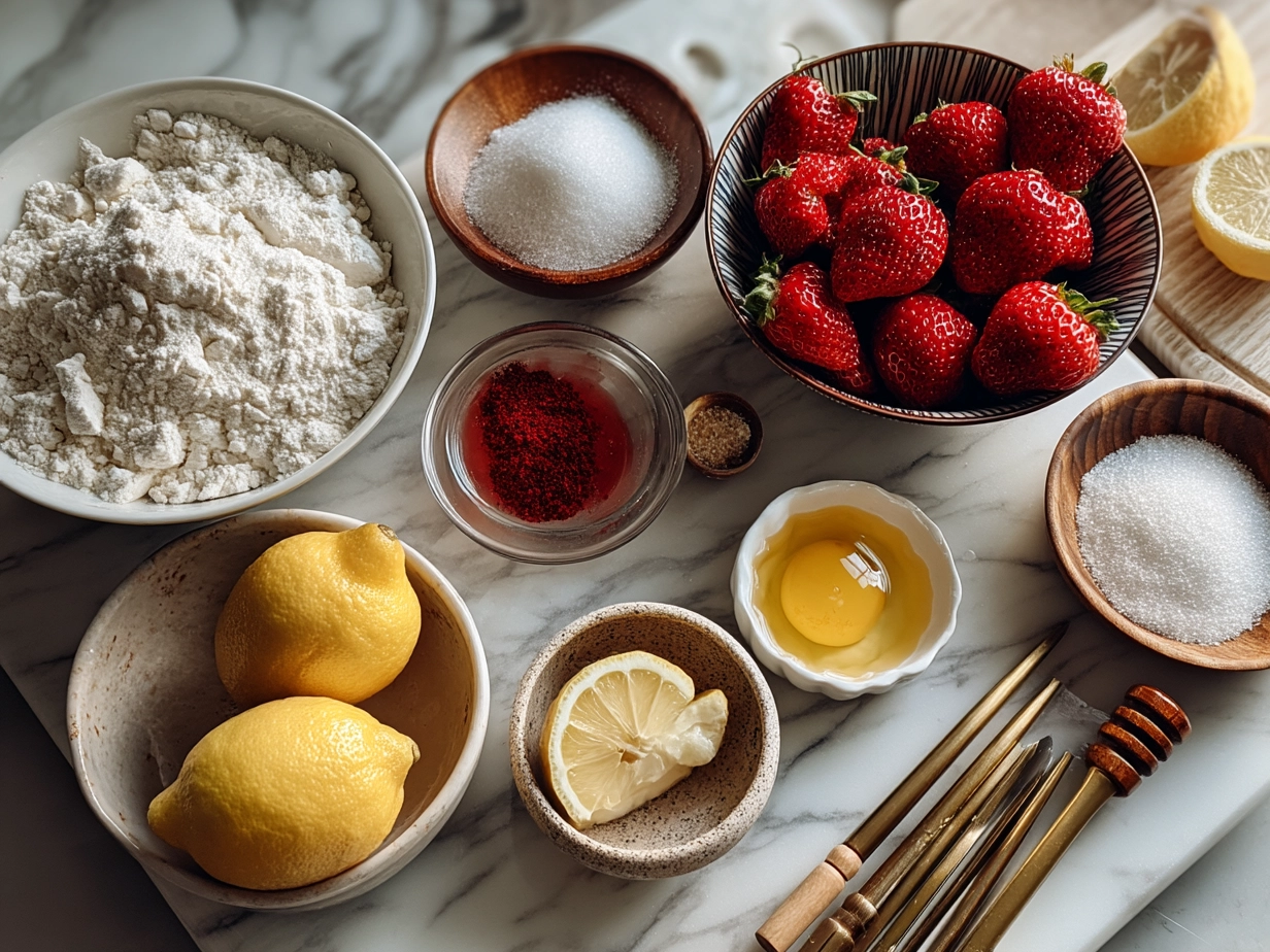 Ingredients for making Strawberry Lemonade Cookie including flour, sugar, butter, lemon zest, and freeze-dried strawberries
