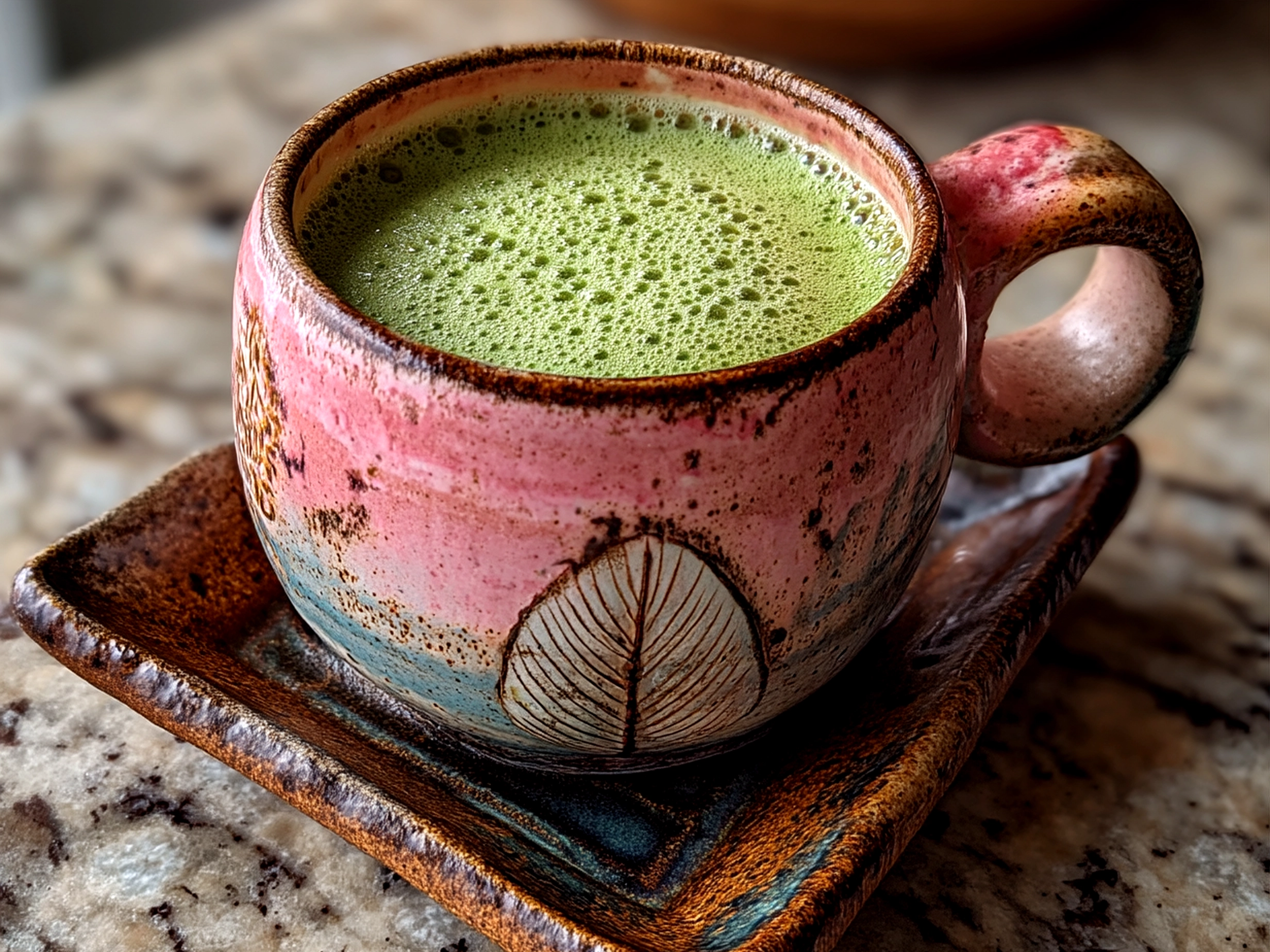 Freshly served Strawberry Matcha Latte topped with milk froth and strawberry slices