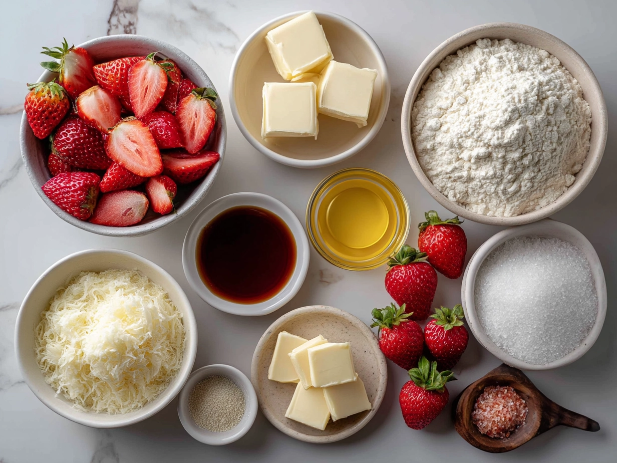 Ingredients for Strawberry White Chocolate Muffins including flour, strawberries, white chocolate chips