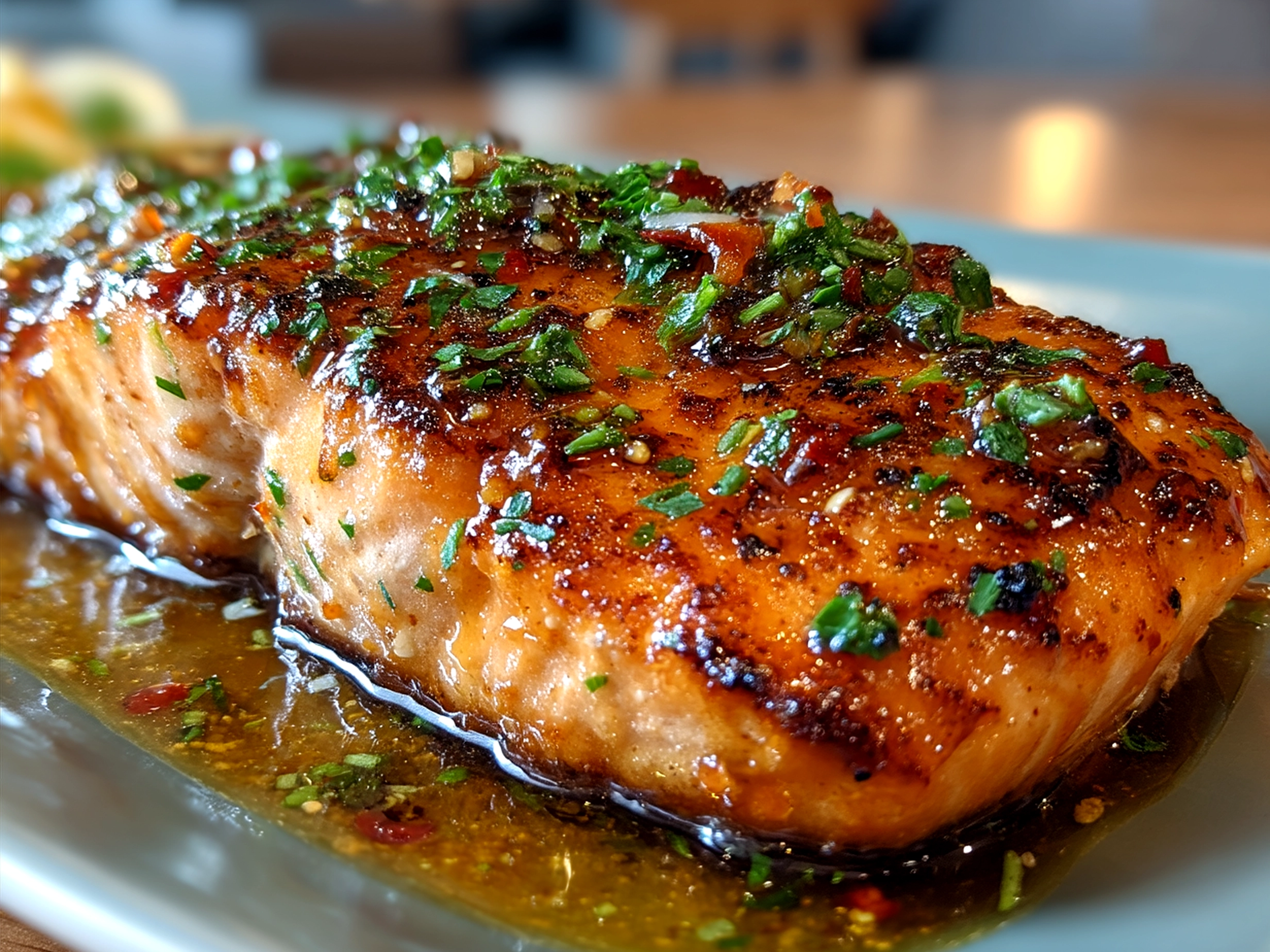 Served Sweet Chili Garlic Salmon on rice with greens and garnished with sesame seeds and scallions