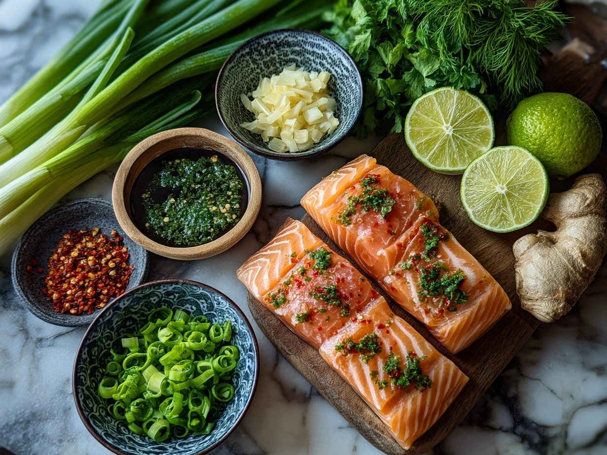 Ingredients for Sweet Chili Garlic Salmon including salmon fillets, garlic, honey, sweet chili sauce, and seasonings