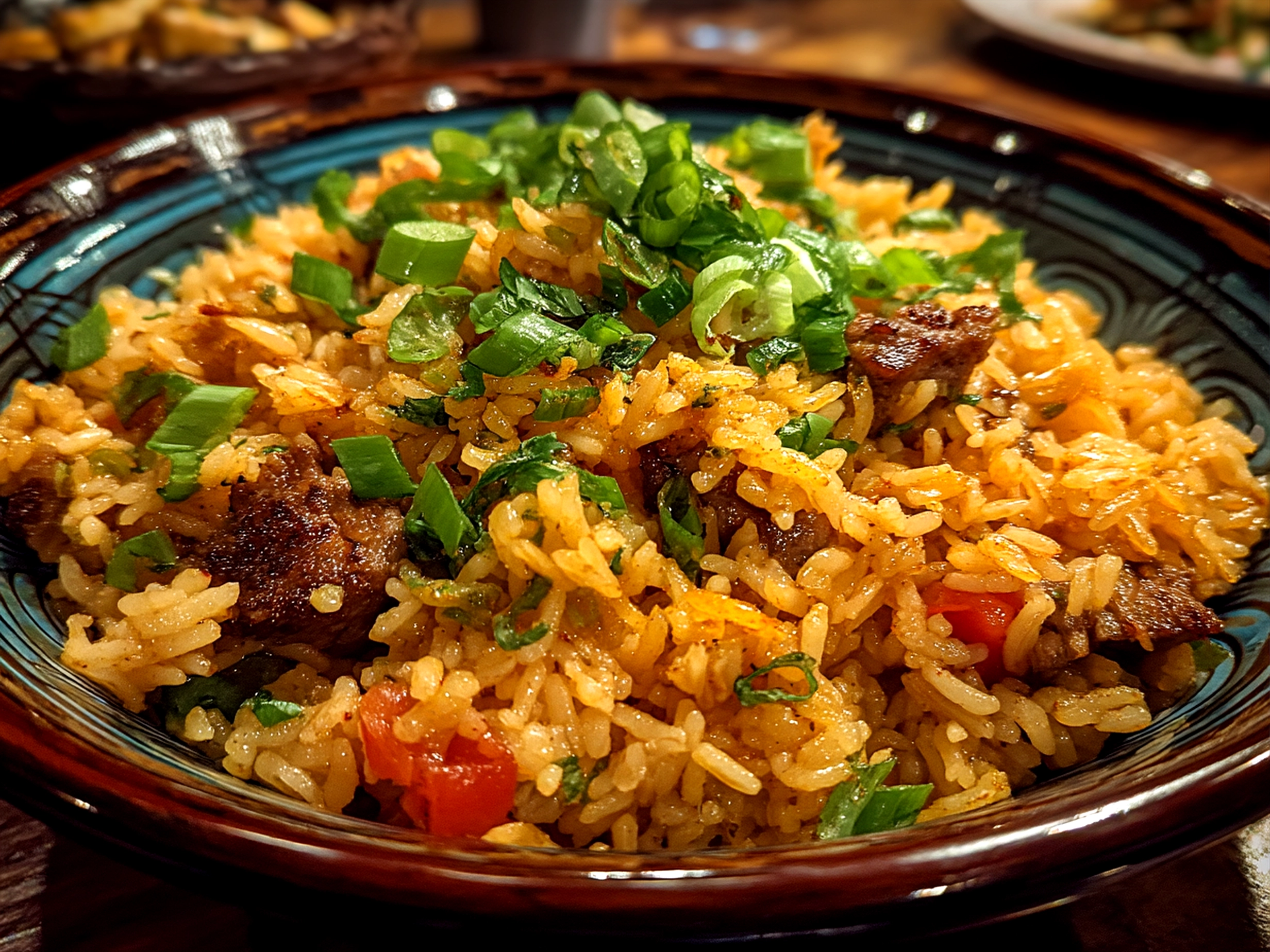 Fluffy serving of Texas Roadhouse Seasoned Rice plated with garnishes ready to serve