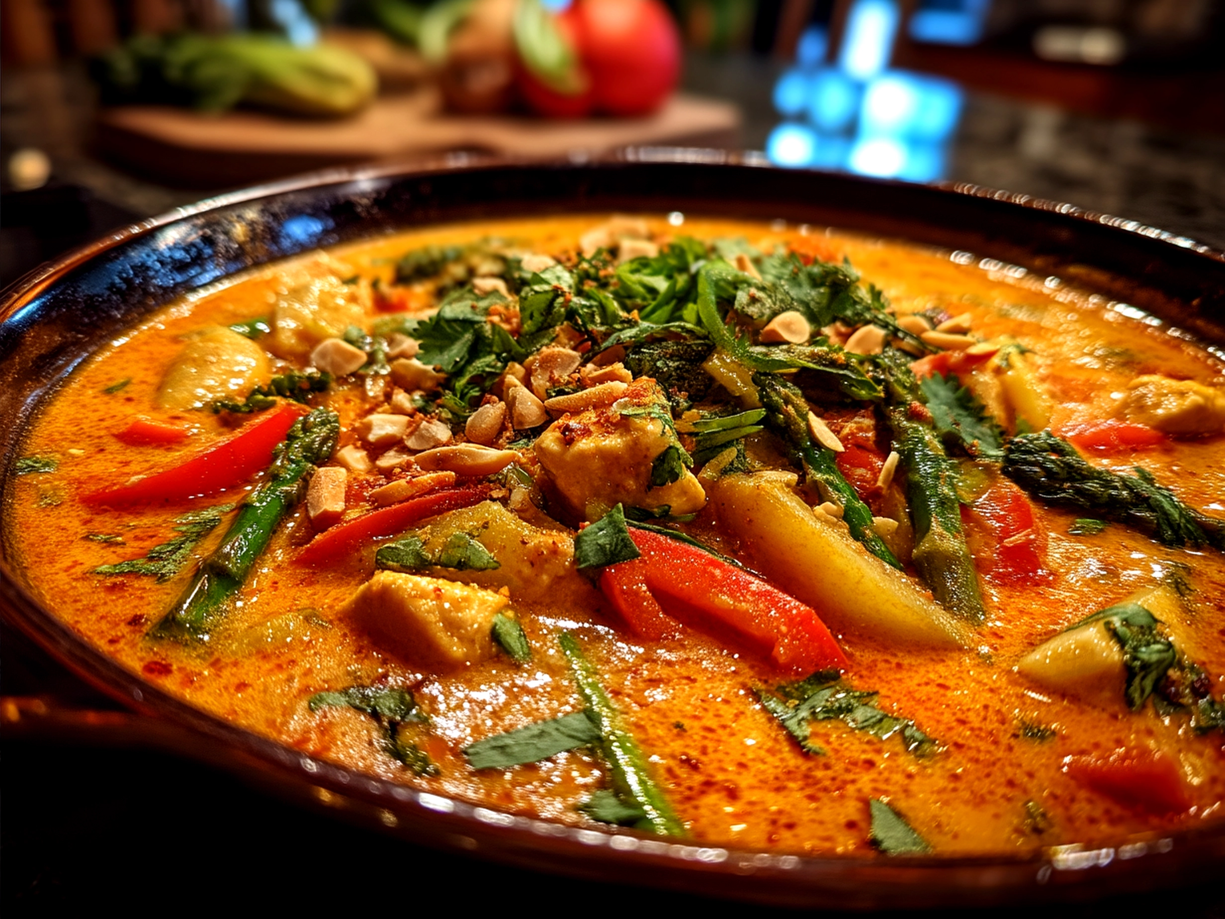 Served Thai Peanut Curry over jasmine rice with fresh herbs and chopped peanuts