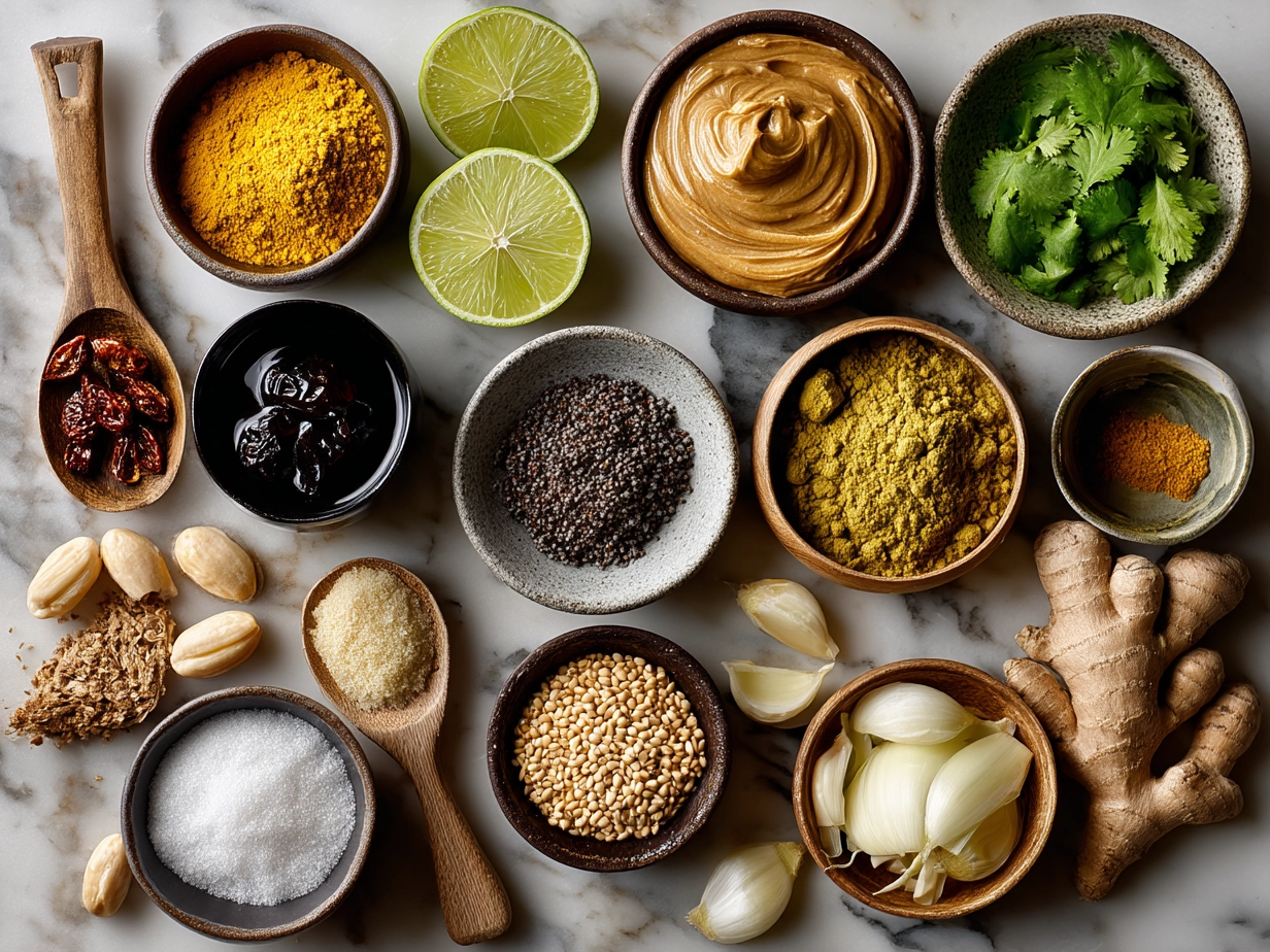 Ingredients for vibrant Thai Peanut Curry including coconut milk, peanut butter, veggies, and spices