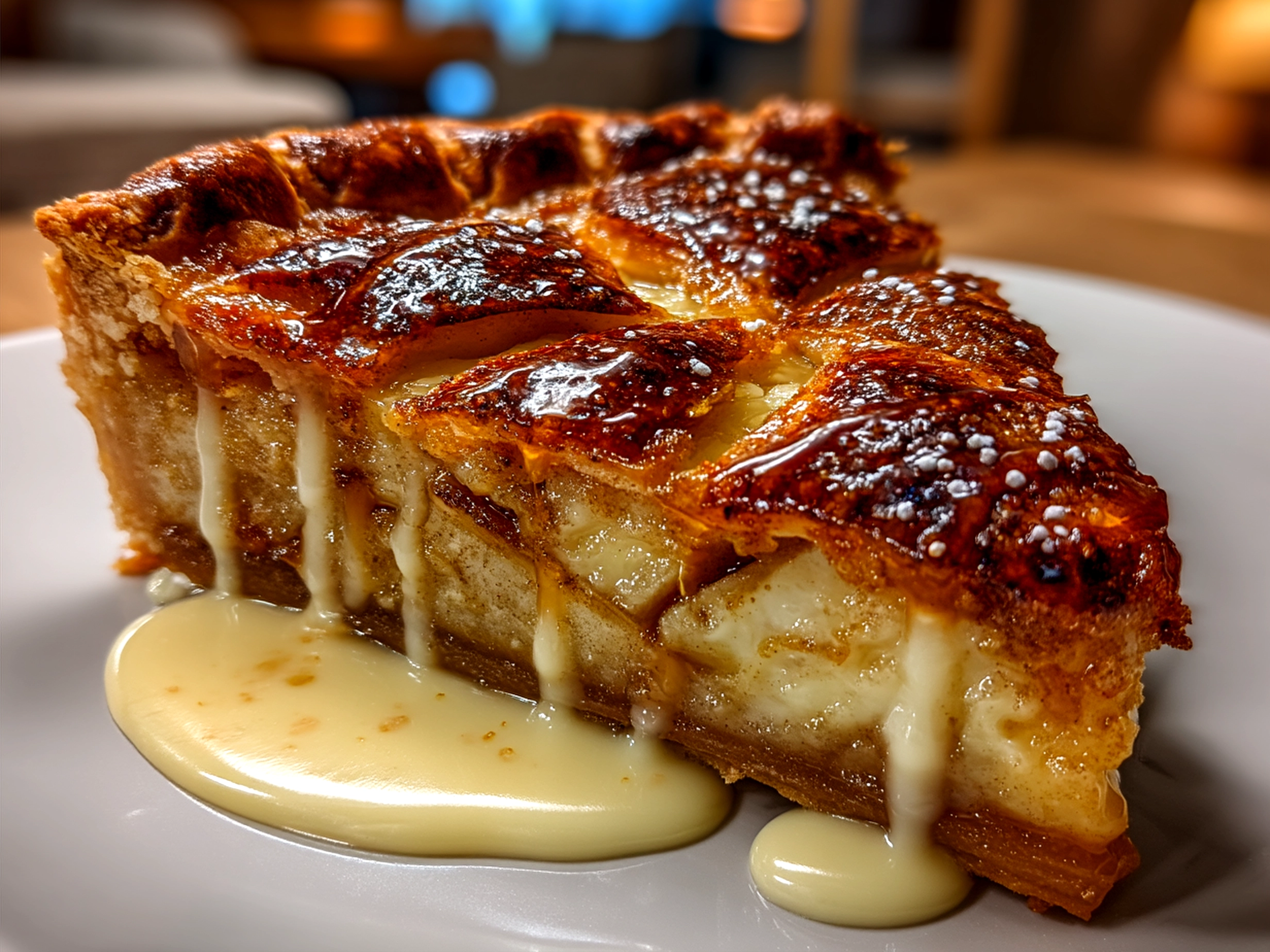 A slice of Toffee Apple Pie with Creamy Custard served on a plate with a spoon