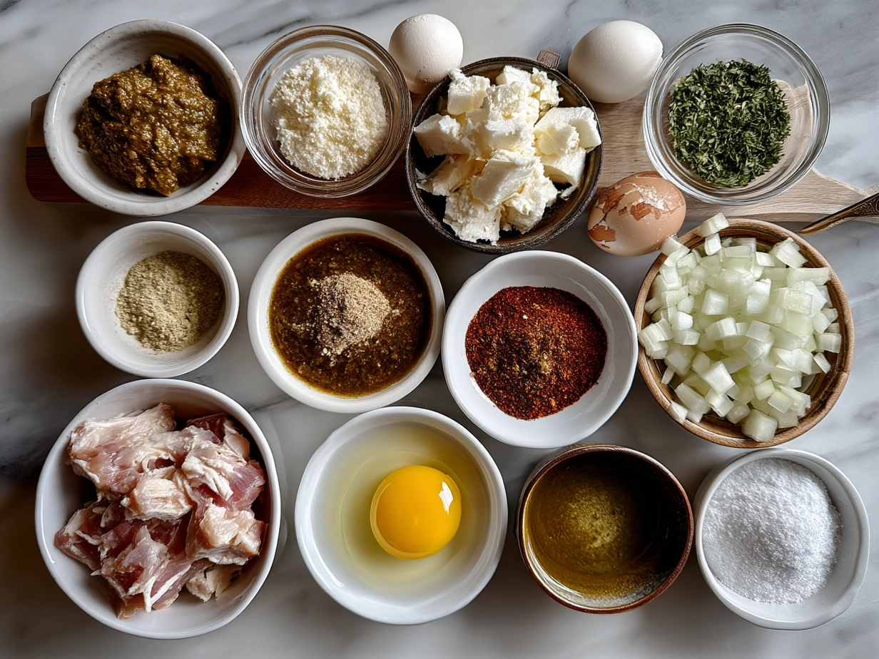 Top down view of ingredients for Slow Cooker Chicken Posole including chicken, hominy, chilies, onions, and spices